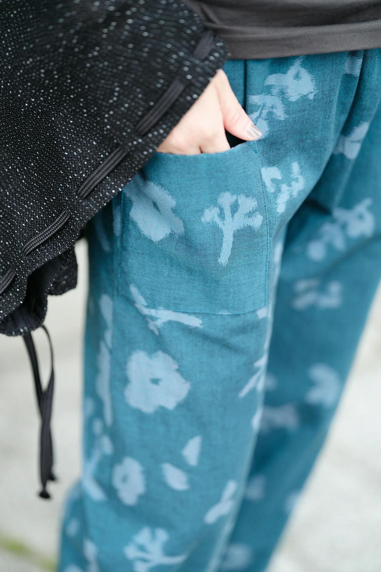 Monpe Workers Pants Kurume Kasuri Monpe / Rural Woodland Marine Green