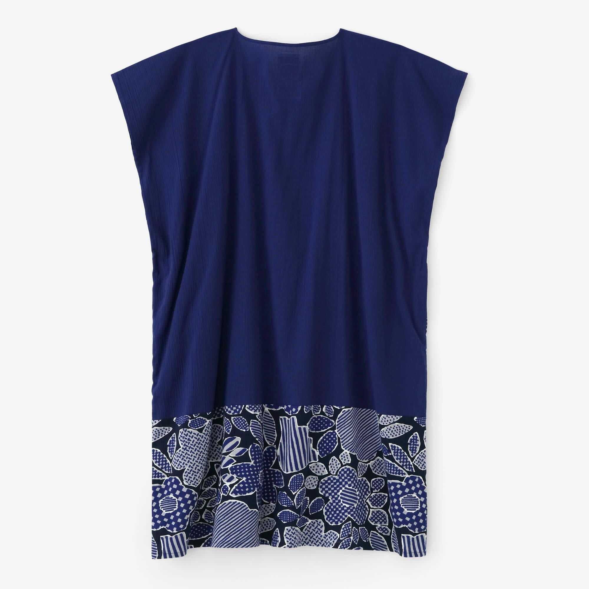 高島縮棉 20/20 長方形洋裝 雙色 下襬圖案/寶藍色×開朗