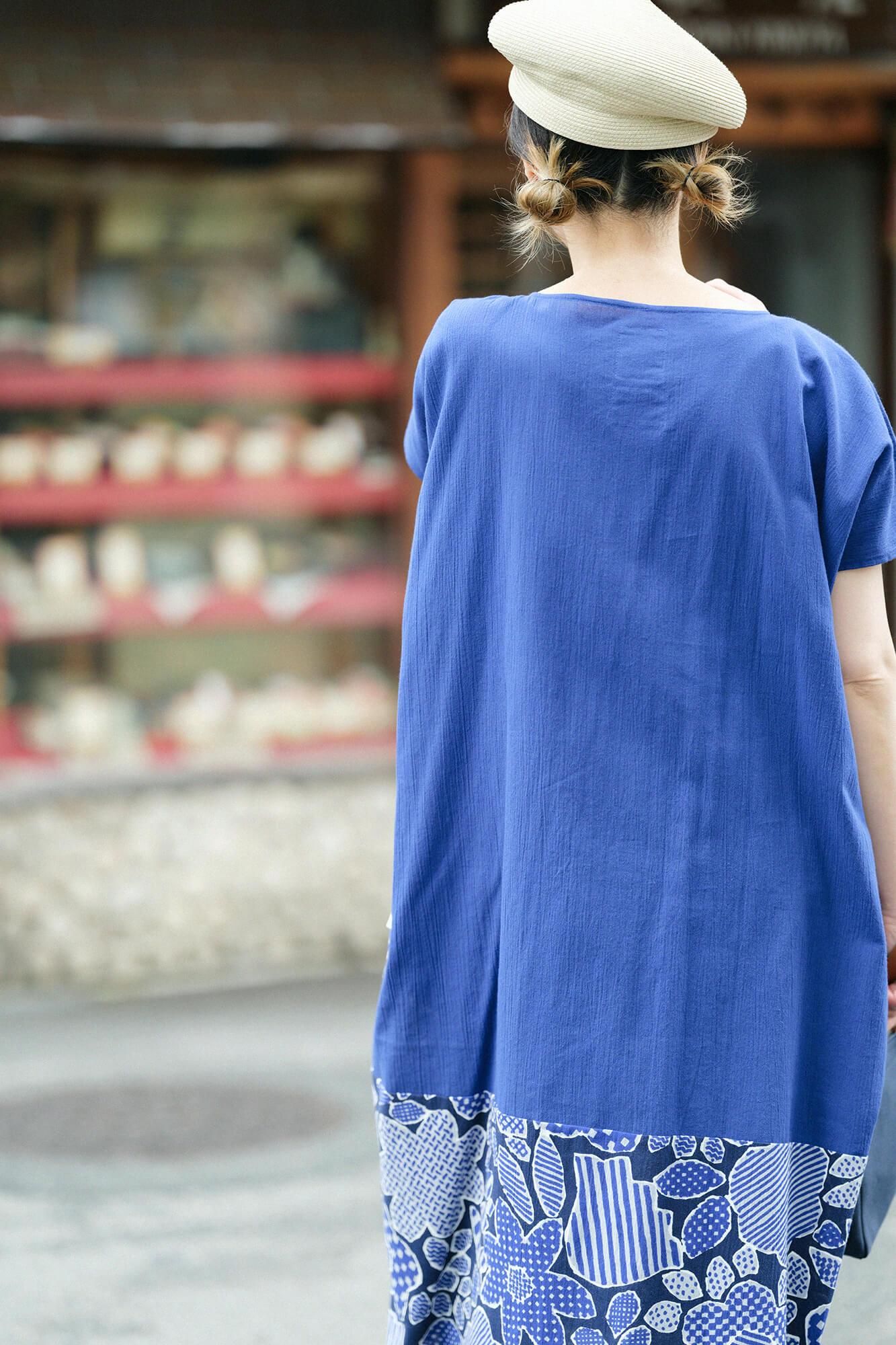 高島縮棉 20/20 長方形洋裝 雙色 下襬圖案/寶藍色×開朗