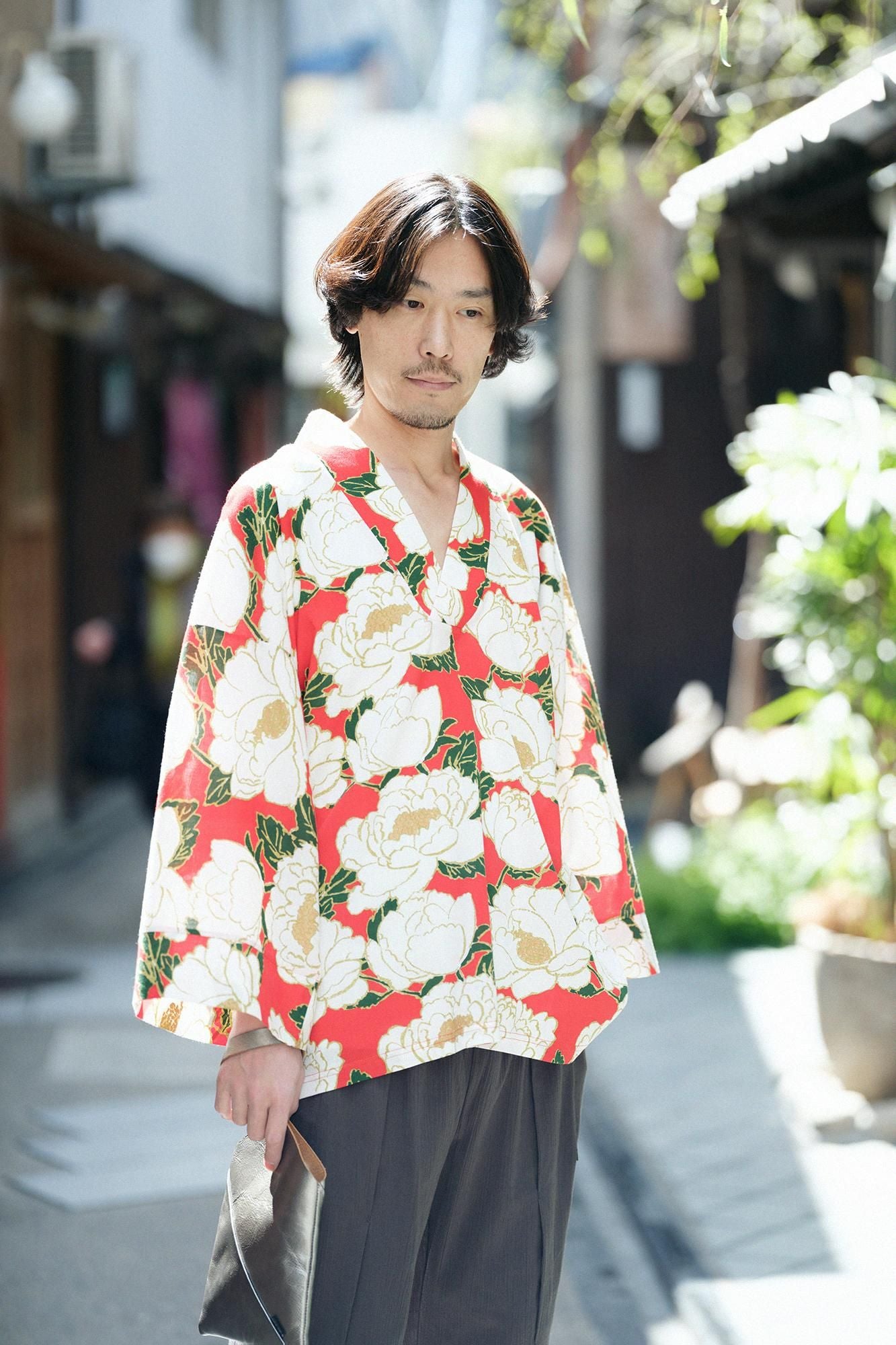 Chizimi Cotton 40/40 Fubi Kimono Shirt / Peony Blossom
