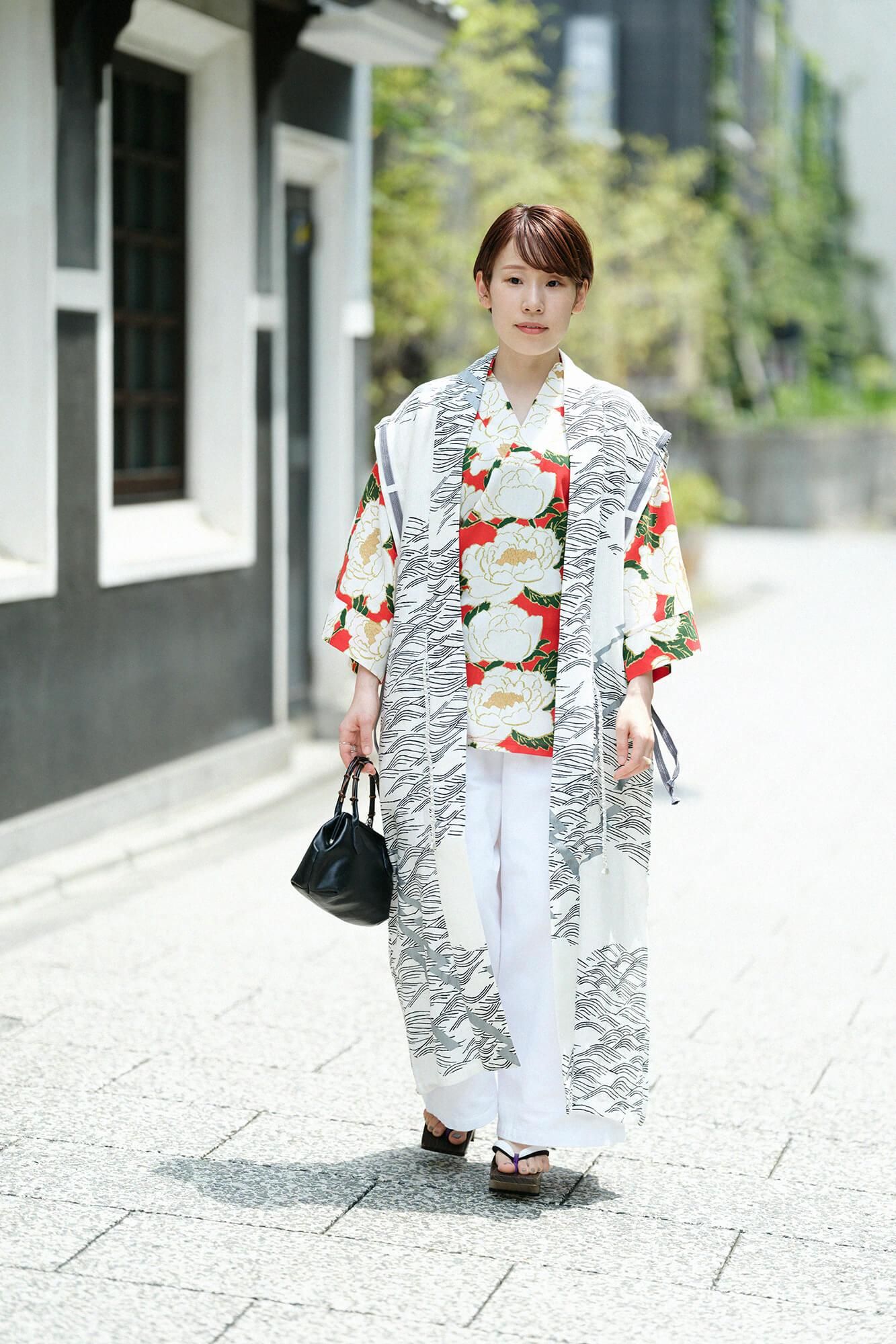 Chizimi Cotton 40/40 Fubi Kimono Shirt / Peony Blossom