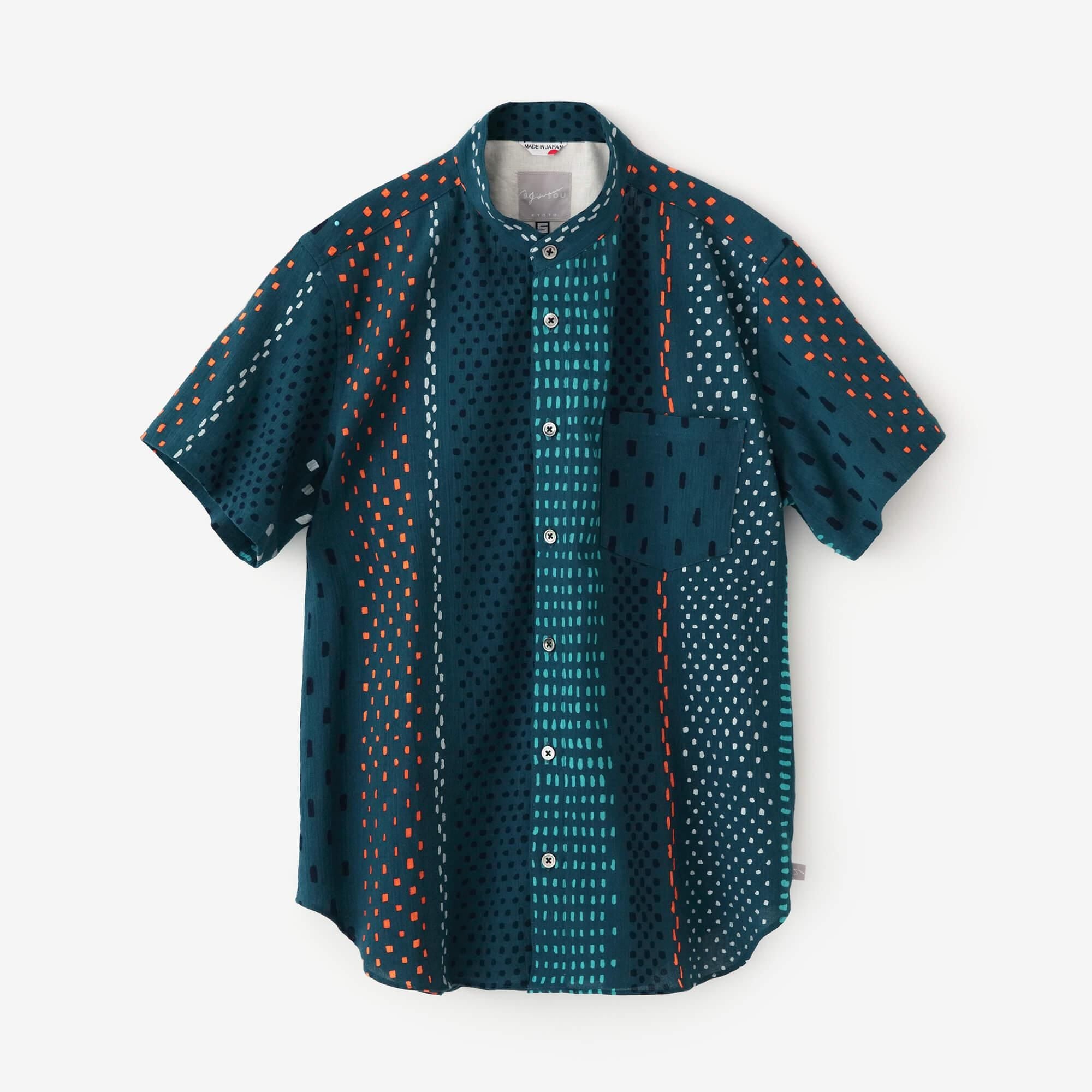 Chizimi Cotton 20/20 Stand Collar Short Sleeve Shirt / Hail Stripes