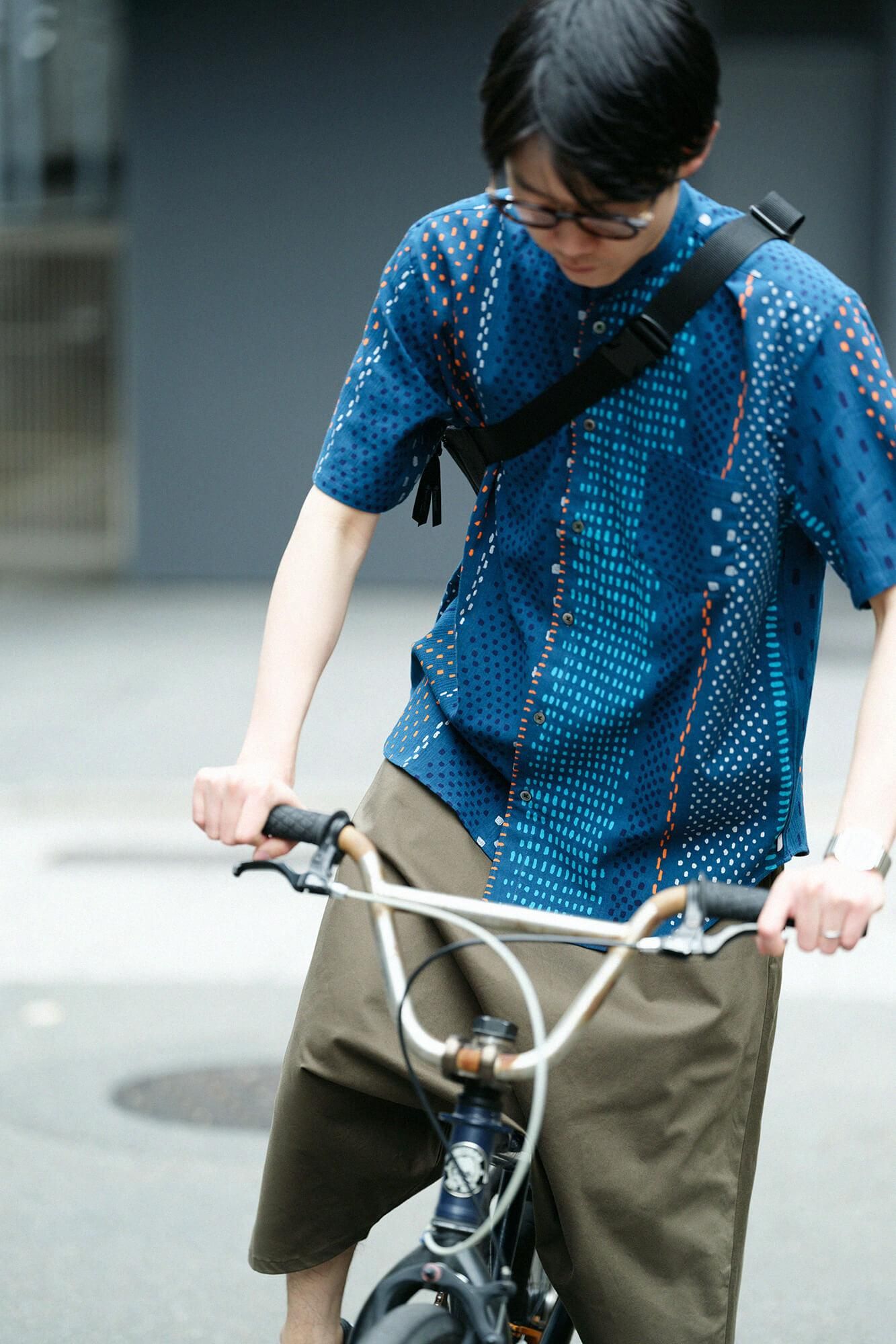 Chizimi Cotton 20/20 Stand Collar Short Sleeve Shirt / Hail Stripes