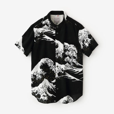 Chizimi Cotton 20/20 Stand Collar Short Sleeve Shirt / Hokusai The Great Wave off Kanagawa-Recreation