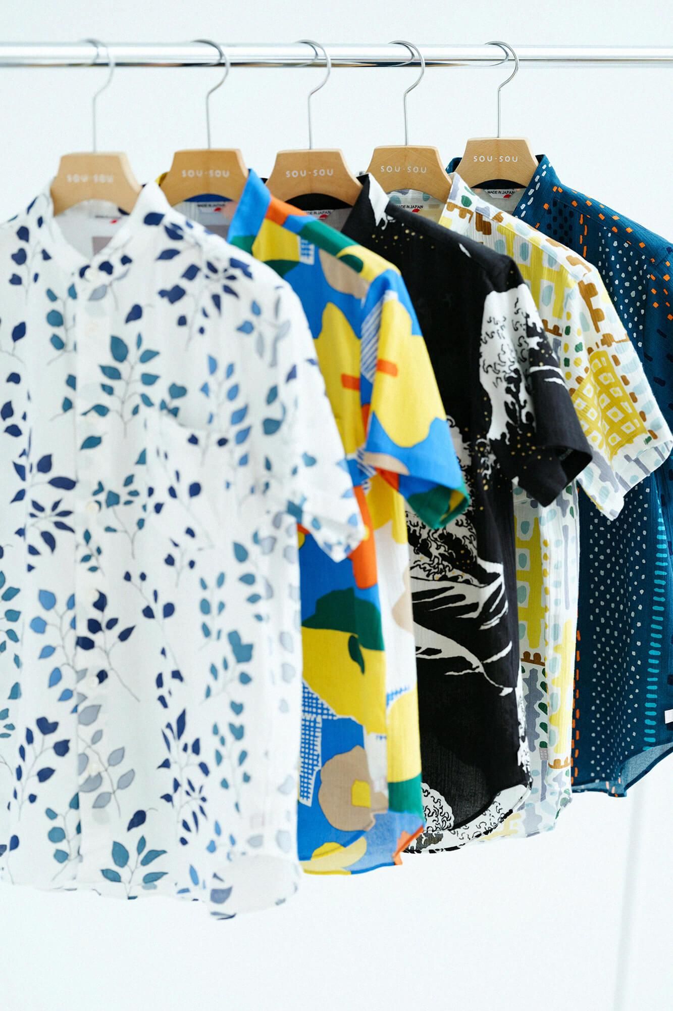 Chizimi Cotton 20/20 Stand Collar Short Sleeve Shirt / Hokusai The Great Wave off Kanagawa-Recreation