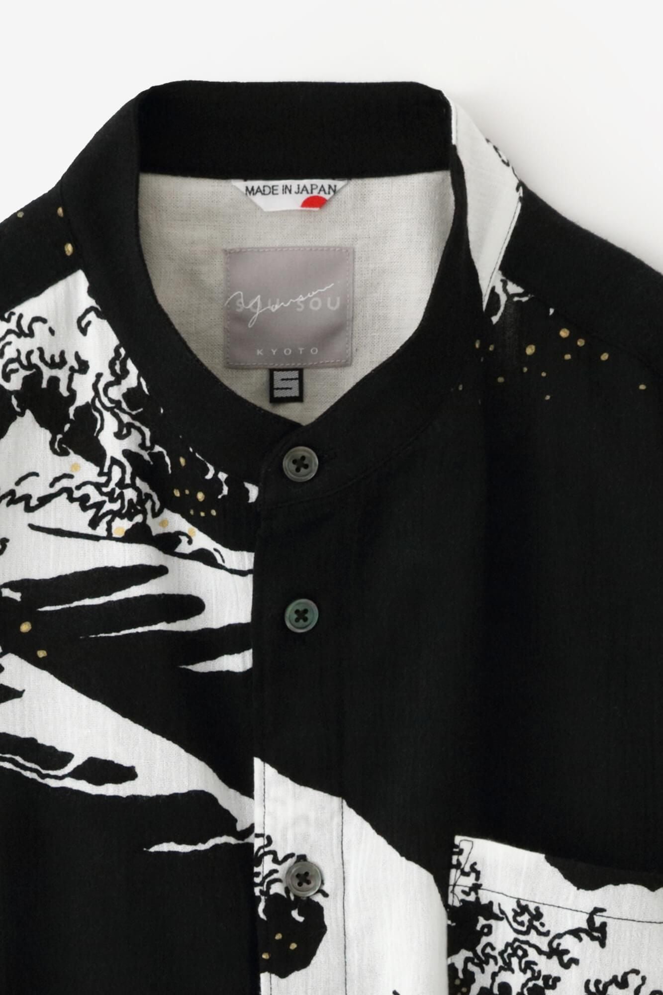 Chizimi Cotton 20/20 Stand Collar Short Sleeve Shirt / Hokusai The Great Wave off Kanagawa-Recreation