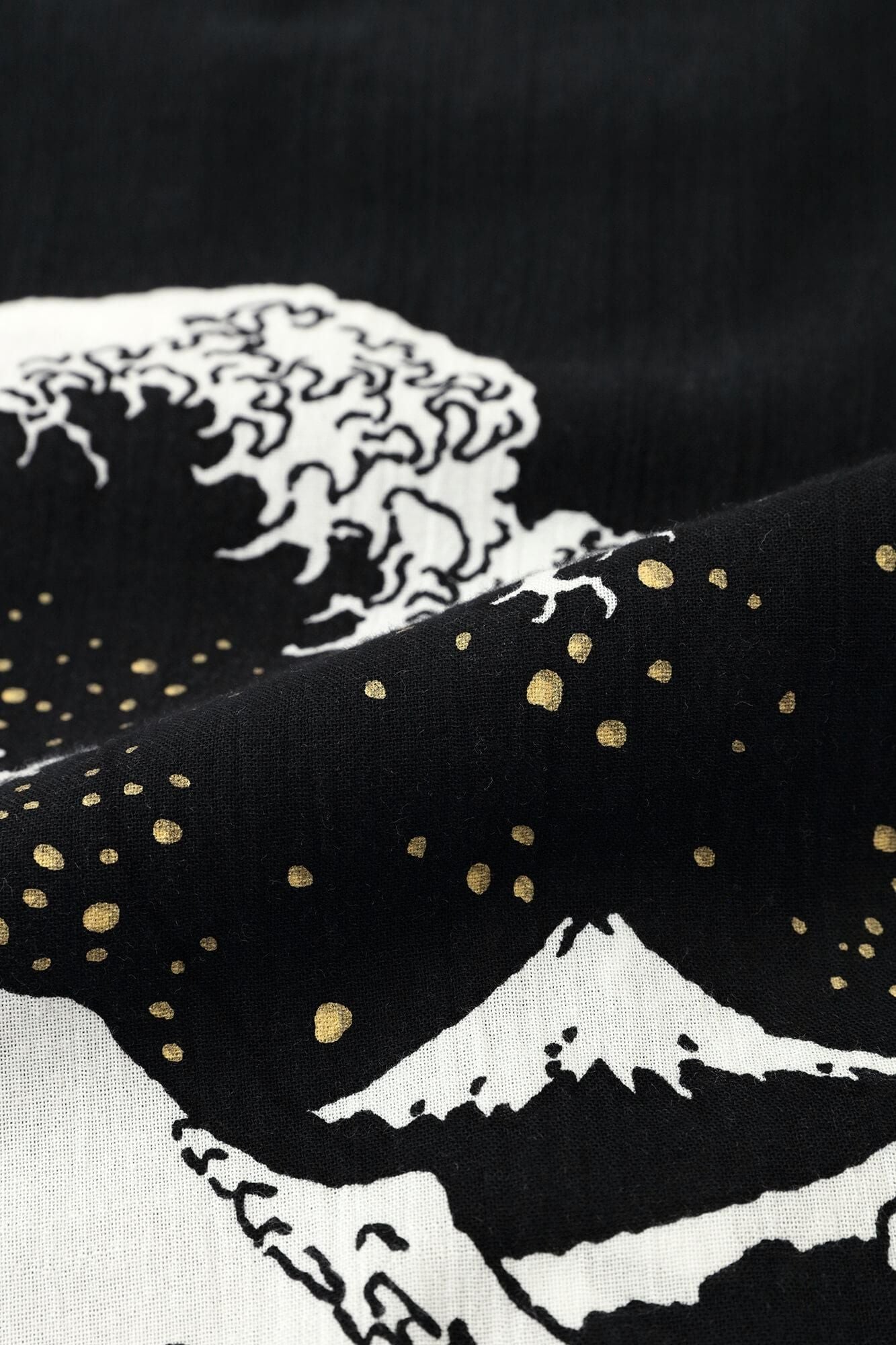 Chizimi Cotton 20/20 Stand Collar Short Sleeve Shirt / Hokusai The Great Wave off Kanagawa-Recreation