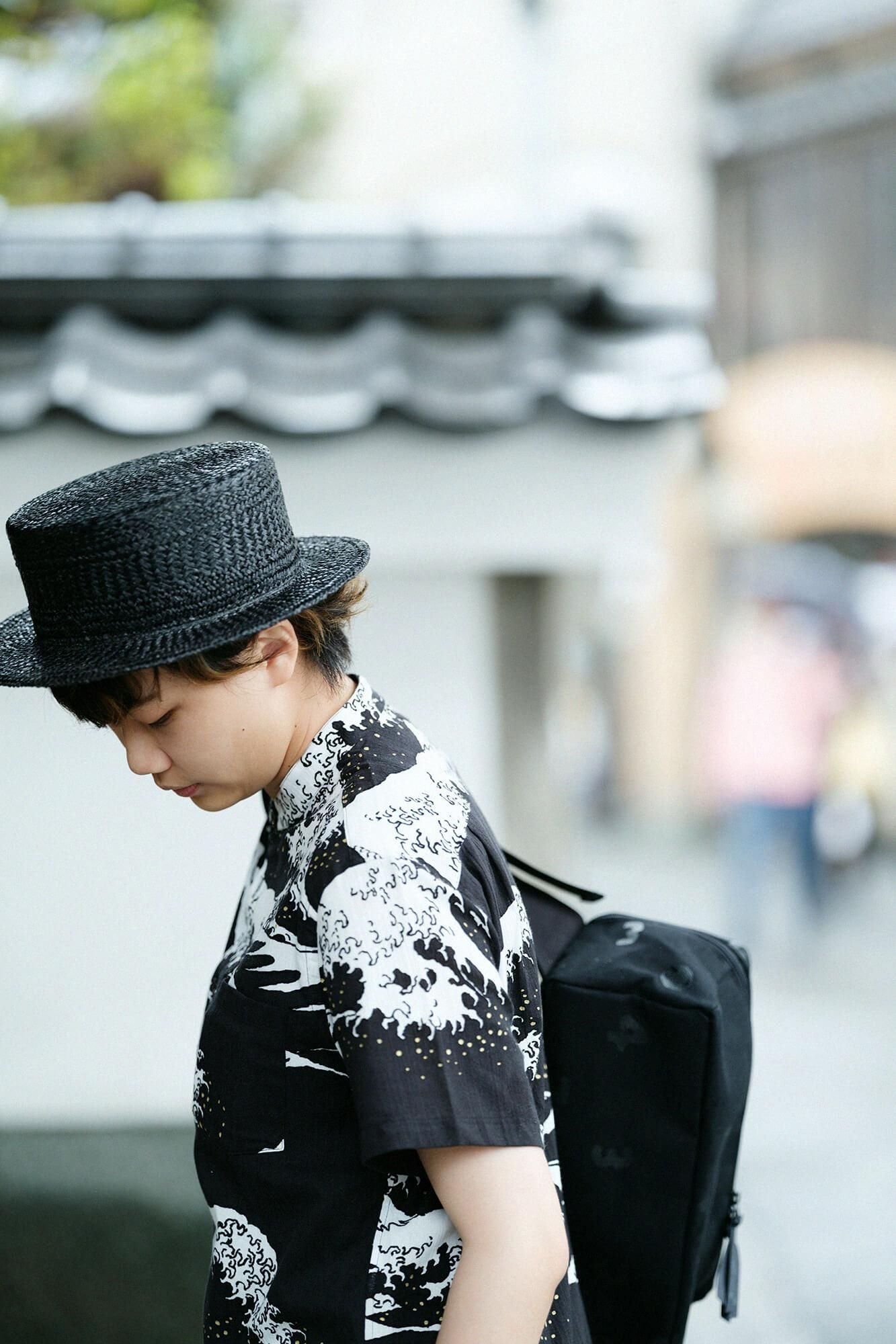 Chizimi Cotton 20/20 Stand Collar Short Sleeve Shirt / Hokusai The Great Wave off Kanagawa-Recreation