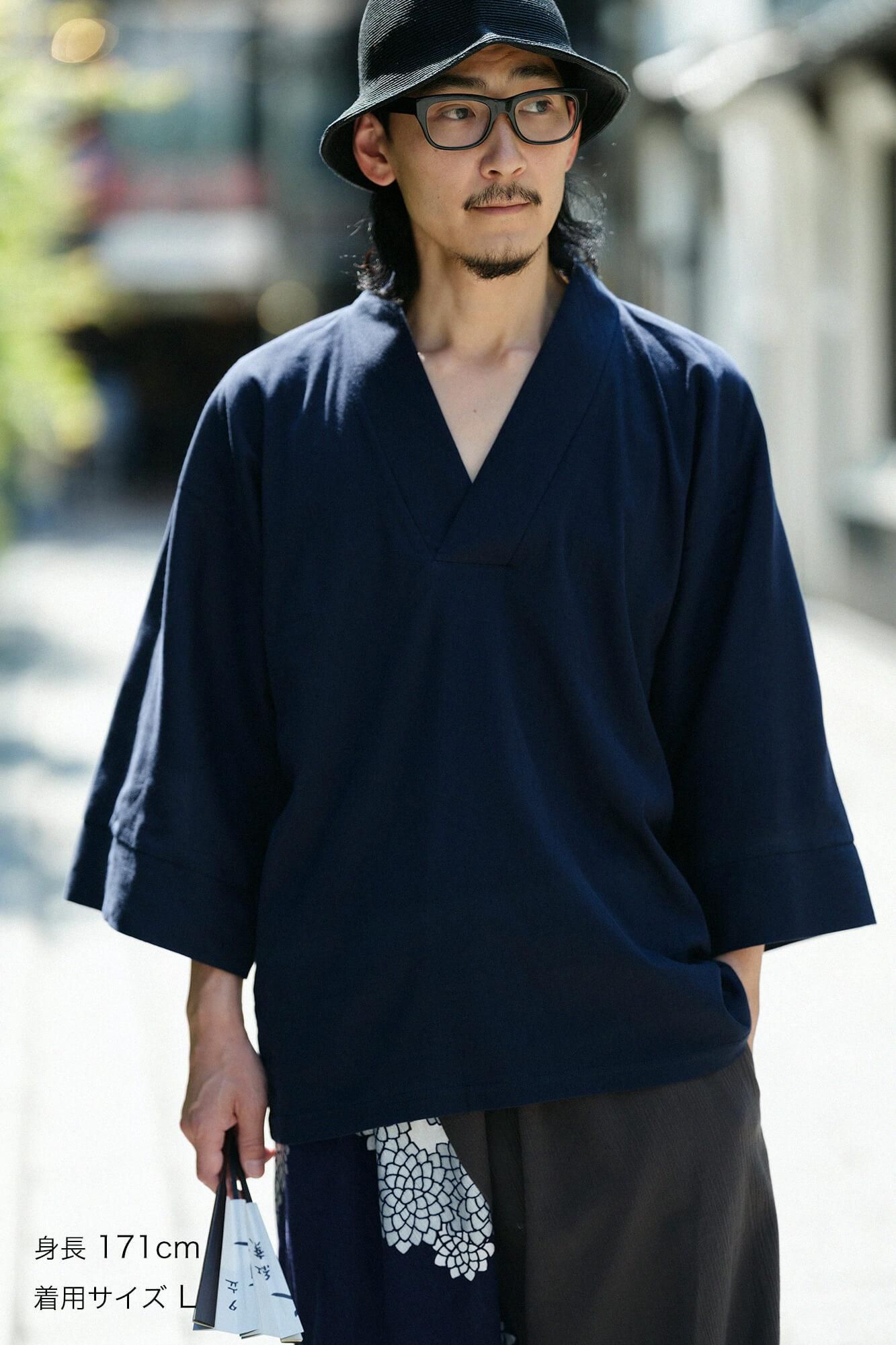 Chizimi Cotton 40/40 Fubi Kimono Shirt / Dark Blue