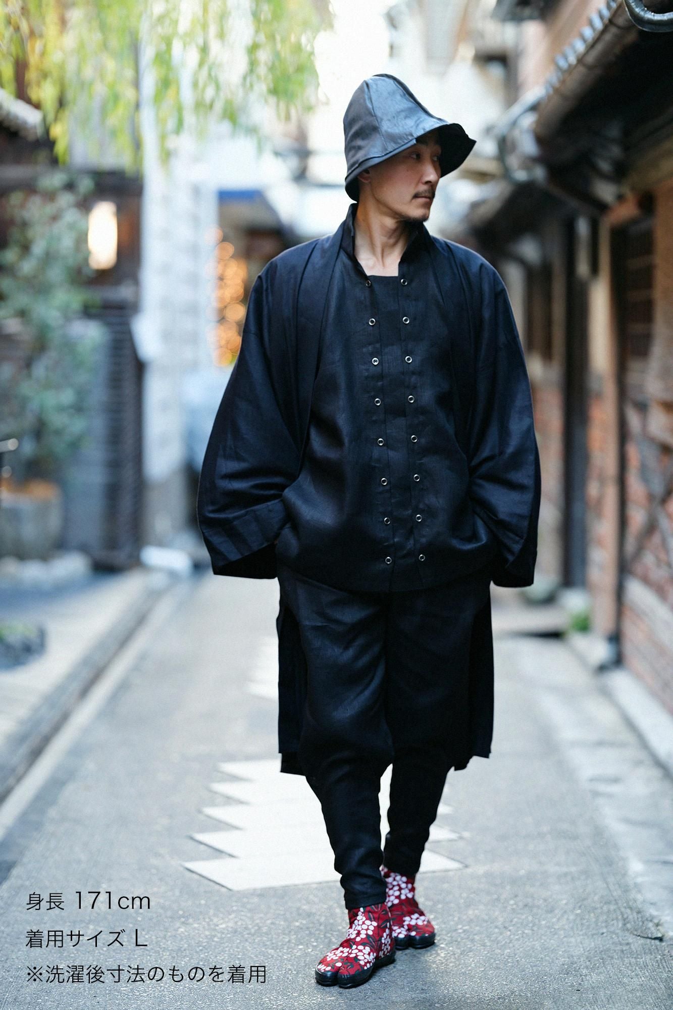 【官網限定】大麻彈性牛仔布袢纏 長袖外套中長單層/黑色