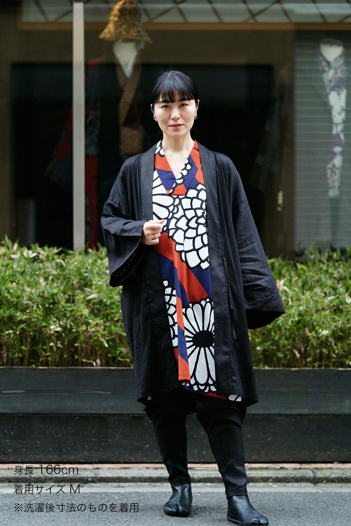 【官網限定】大麻彈性牛仔布袢纏 長袖外套中長單層/黑色