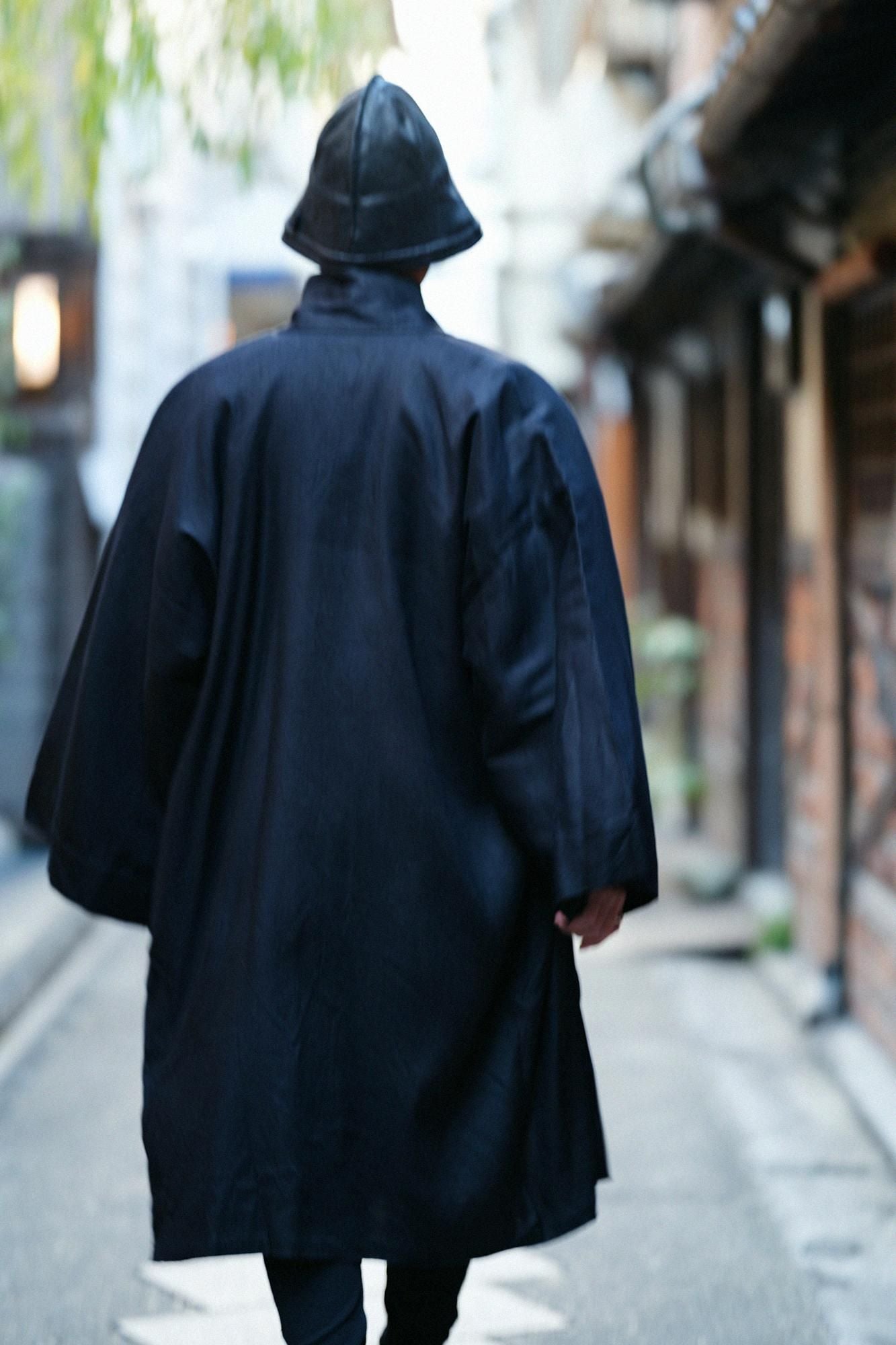 【官網限定】大麻彈性牛仔布袢纏 長袖外套中長單層/黑色