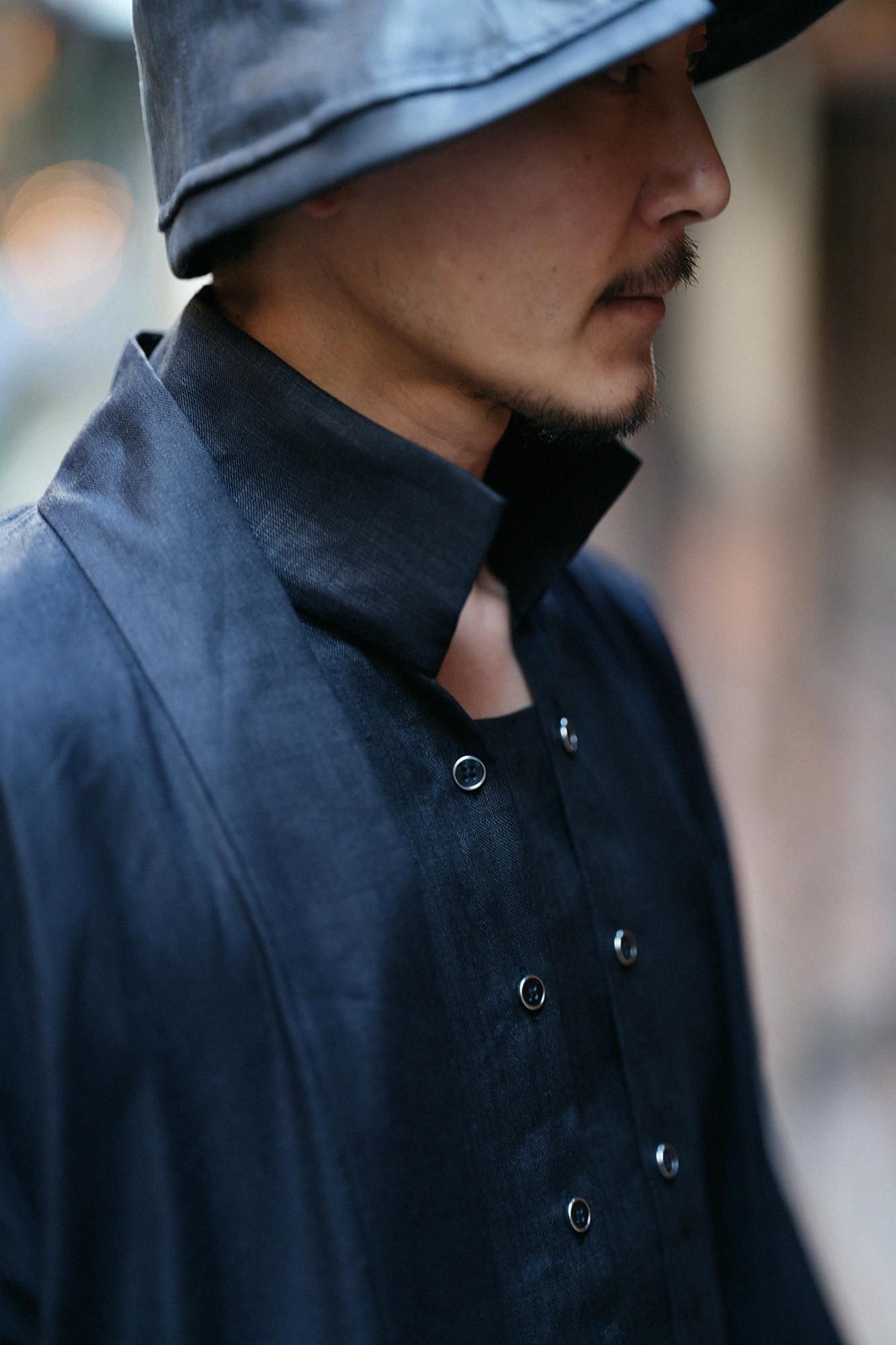 【官網限定】大麻彈性牛仔布袢纏 長袖外套中長單層/黑色