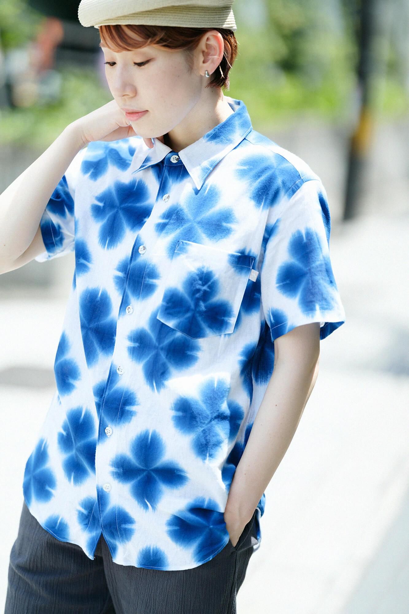 【官網限定】伊勢木棉 有松鳴海紮染 短袖襯衫／張正 雪花3