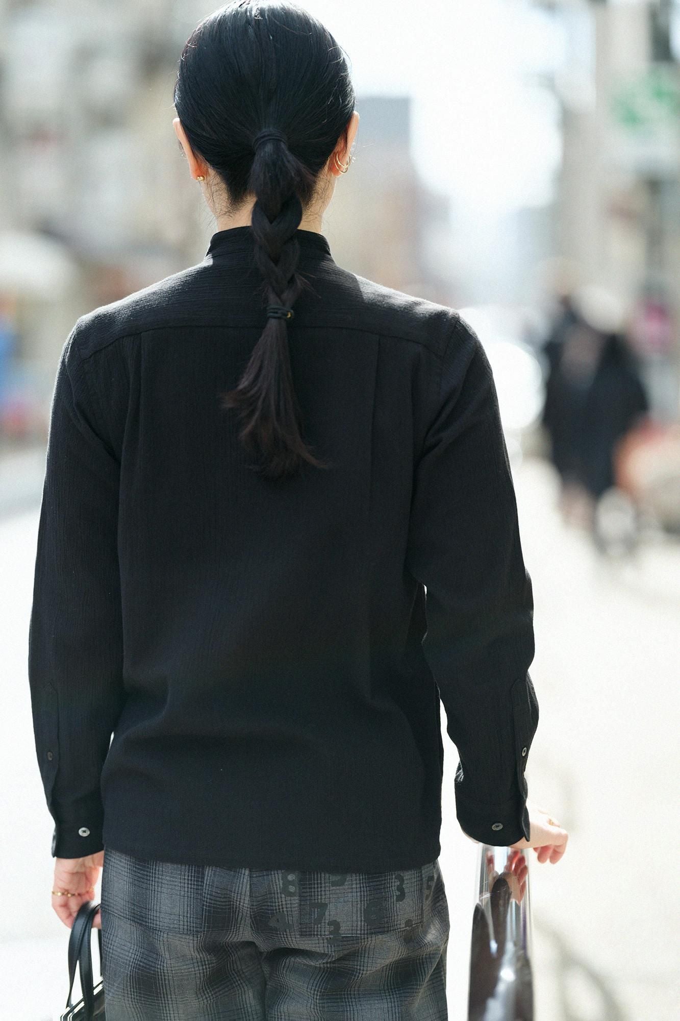 高島縮 20/20 スタンドカラーシャツ SP／濡羽色（ぬればいろ）