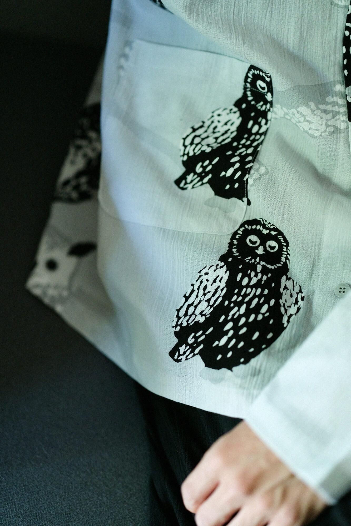 高島縮20/20 Vネック テキスタイルパジャマ／ふくろう×濡羽色（ぬれば