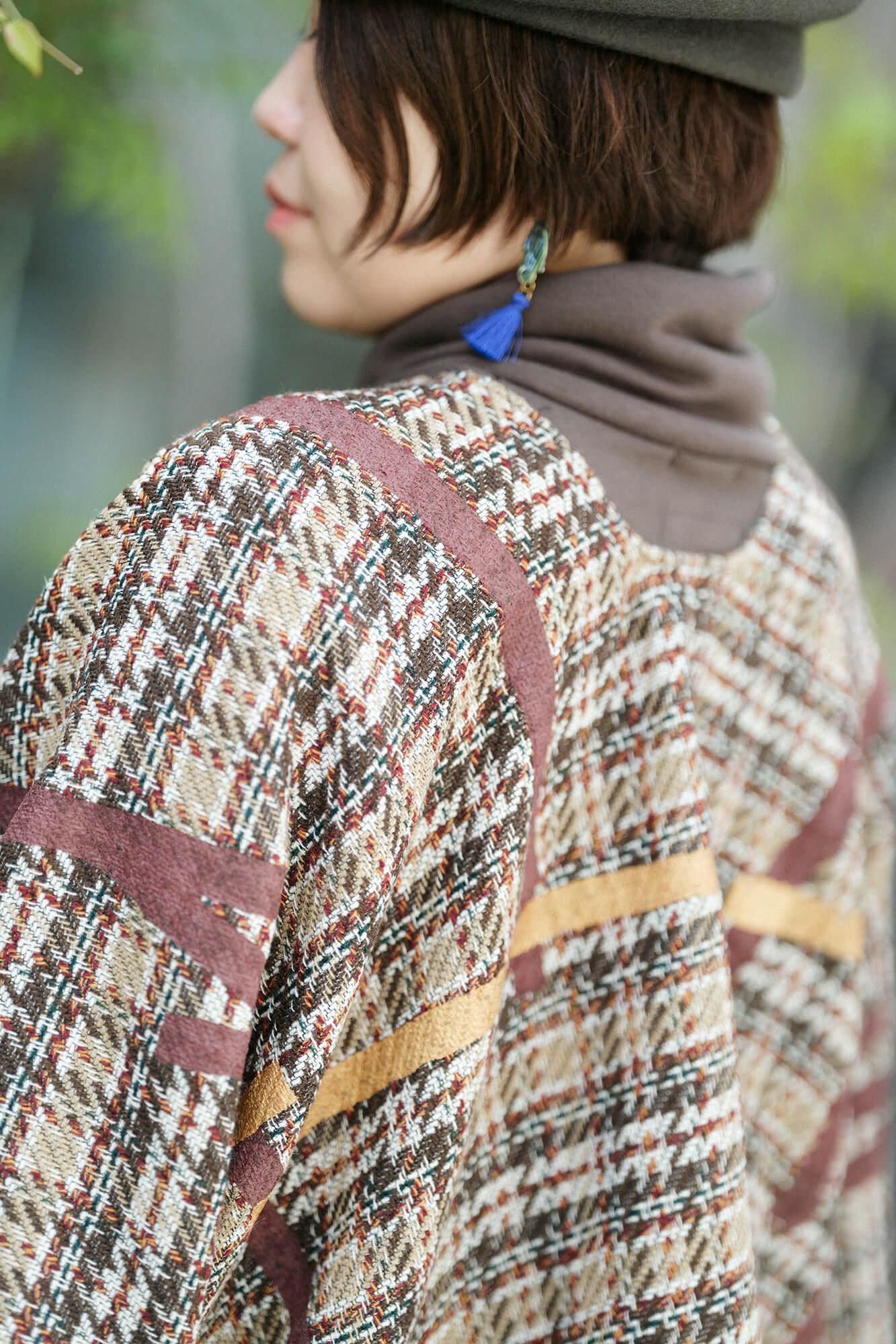 粗花呢斜紋織如月披風斗篷 短版／鳶和留白 棕色格子