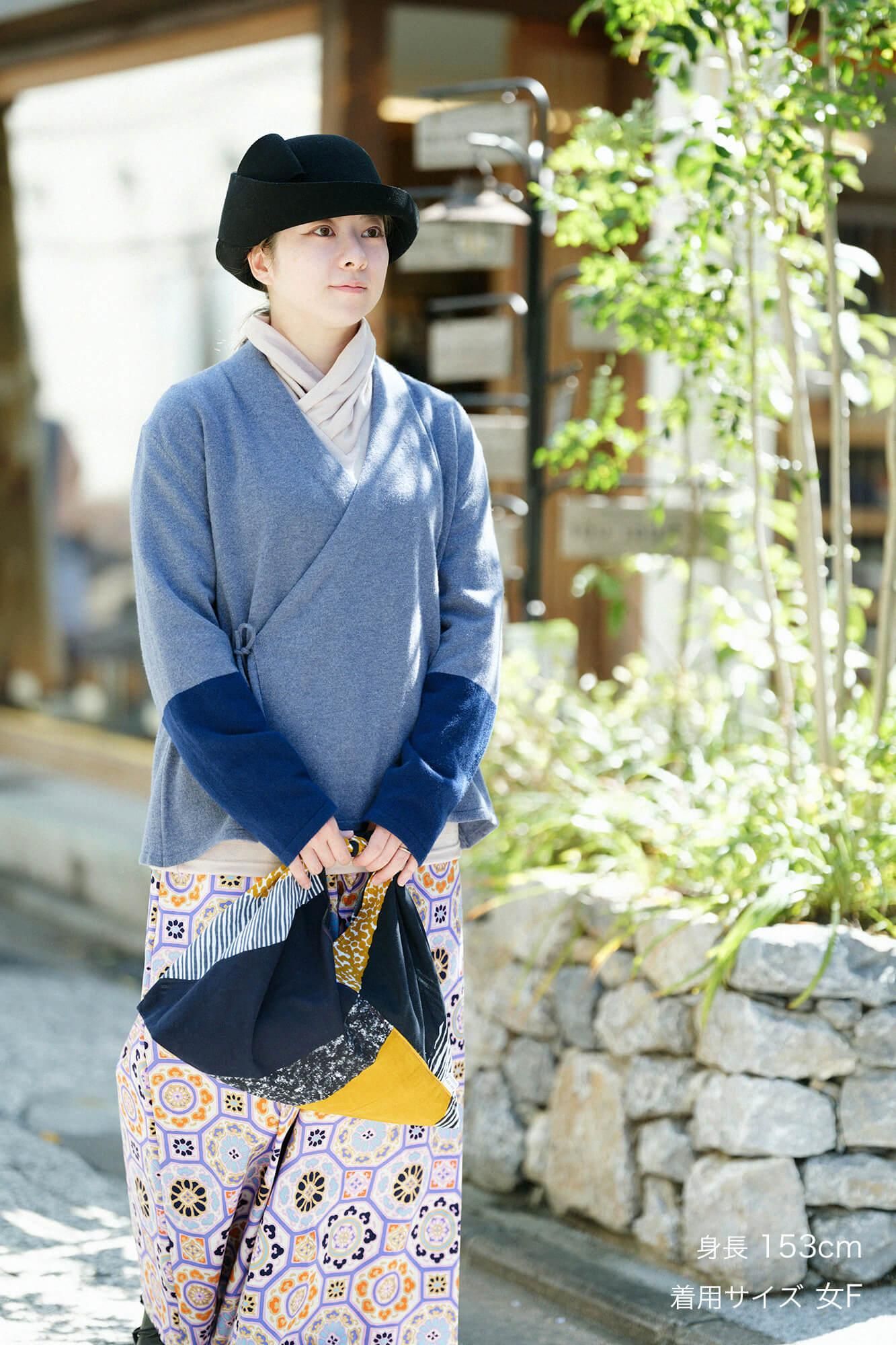 SOU・SOU×ALPHA羊絨雙色袖和裝針織衫／灰藍色衣身