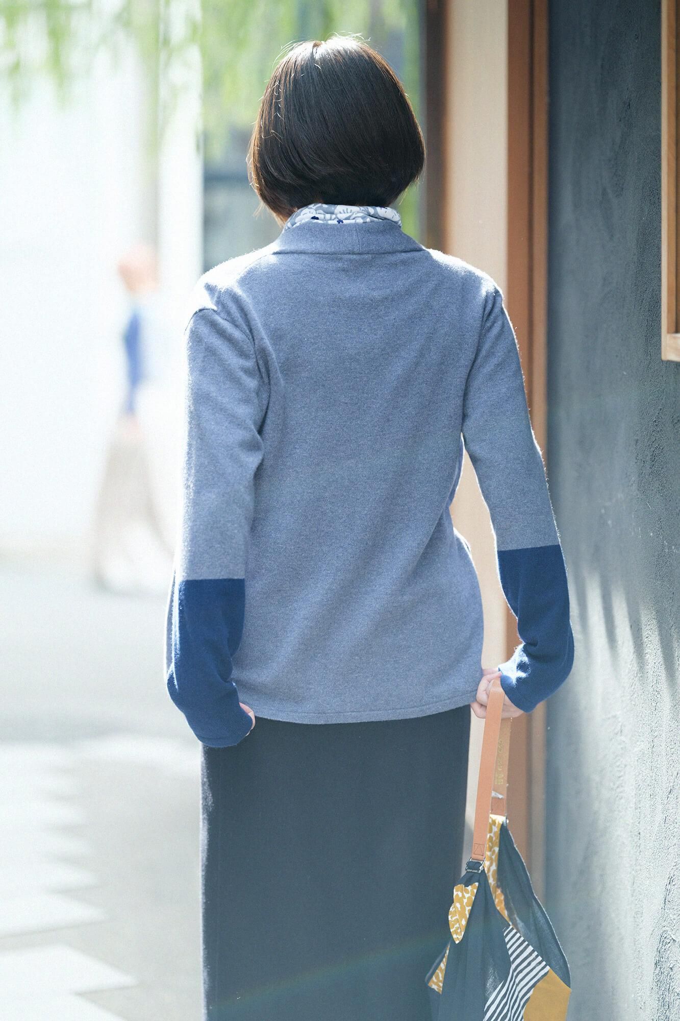 SOU・SOU×ALPHA羊絨雙色袖和裝針織衫／灰藍色衣身