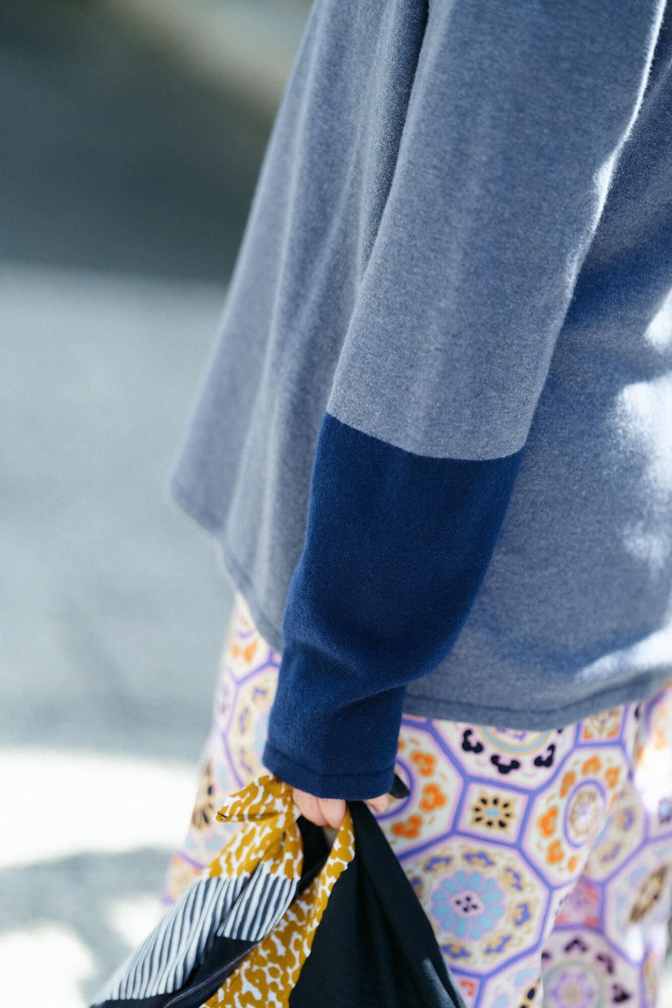 SOU・SOU×ALPHA羊絨雙色袖和裝針織衫／灰藍色衣身