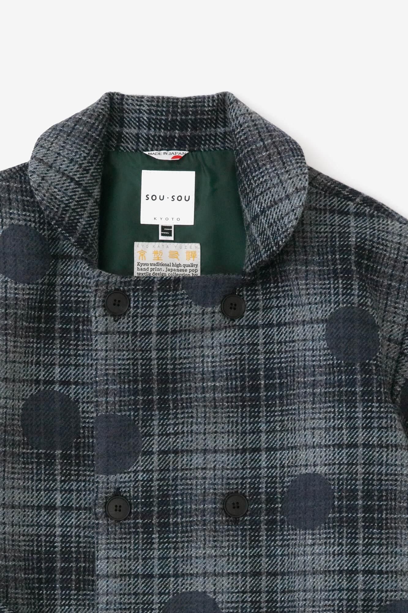 【net limited】Worsted Combed Yarn Lattice Weave Double Breasted Naginata Square Neck Coat with Lining / Suigyoku, Polka Dots Mara Bluish Grey