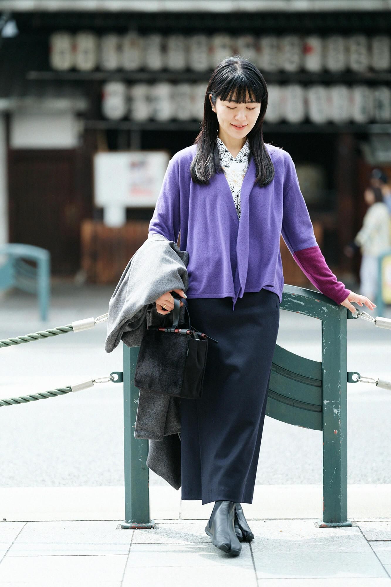 人造皮毛道行小筥 染竹 竹柄手提包／黑色3