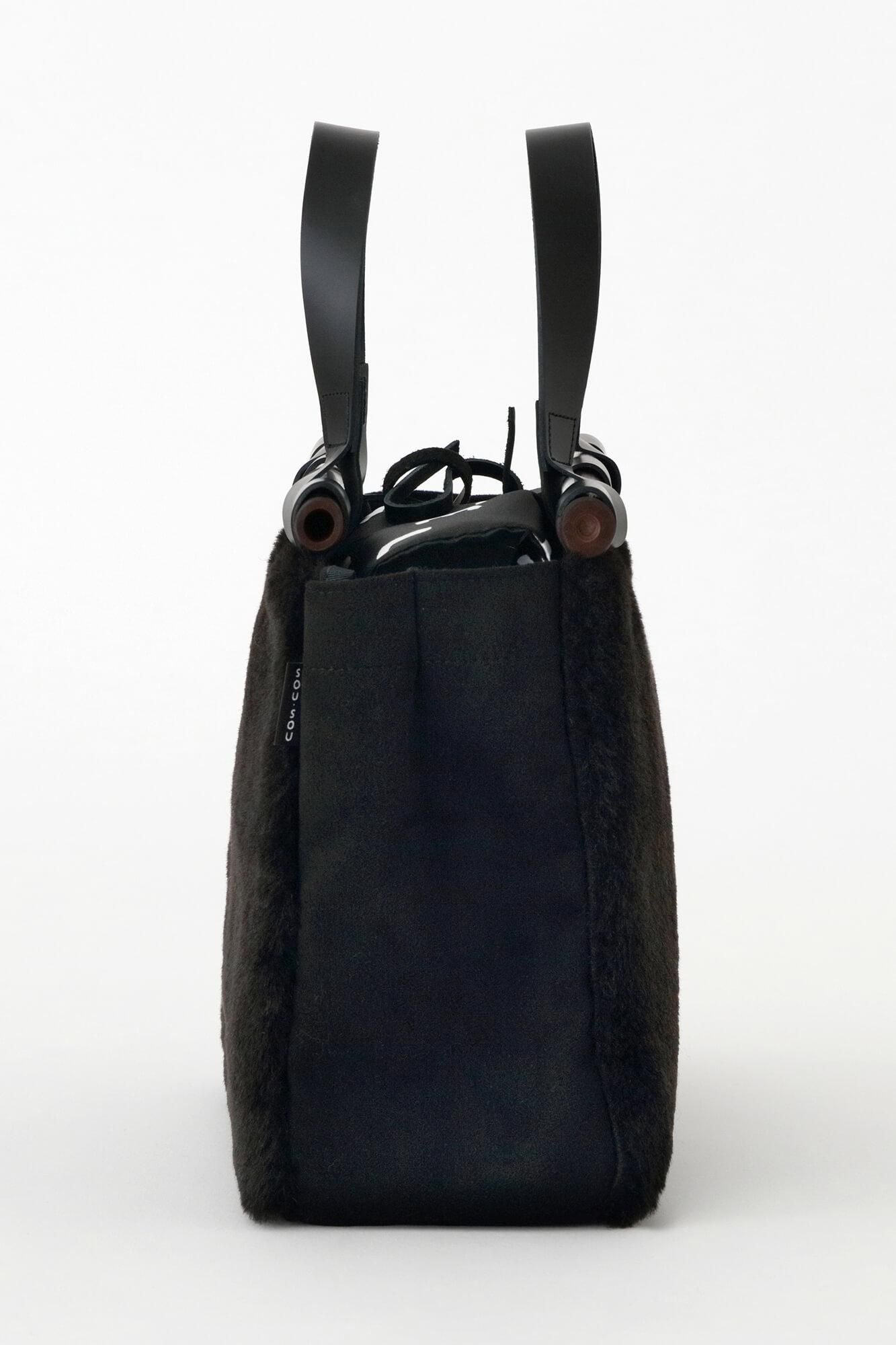 人造皮毛道行小筥 染竹 竹柄手提包／黑色3