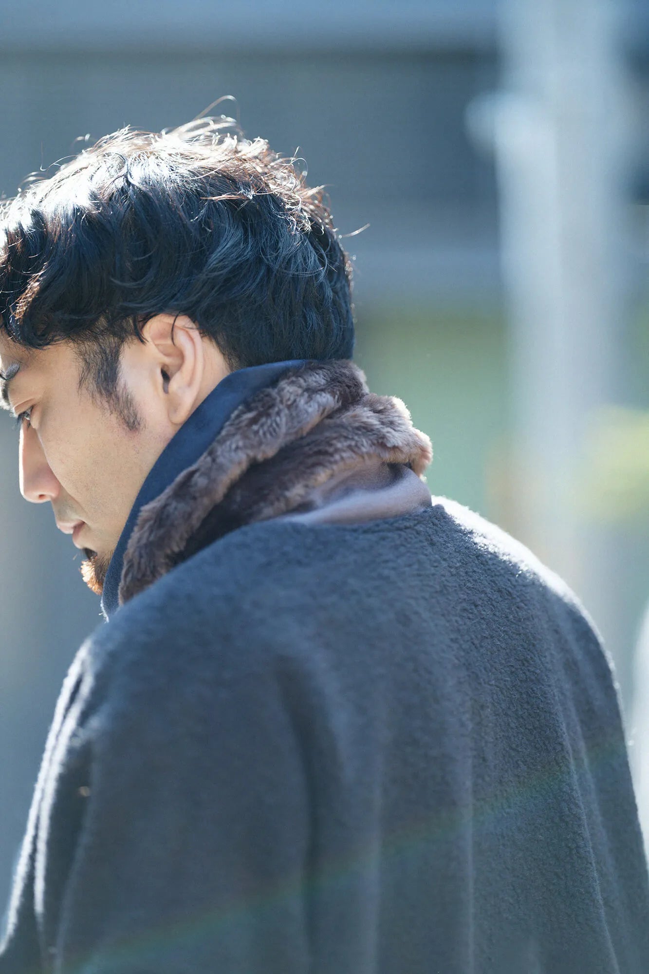 【預購】人造毛皮 雙面用短圍巾／暗藍色×棕色（※預計於12月9日左右發貨）