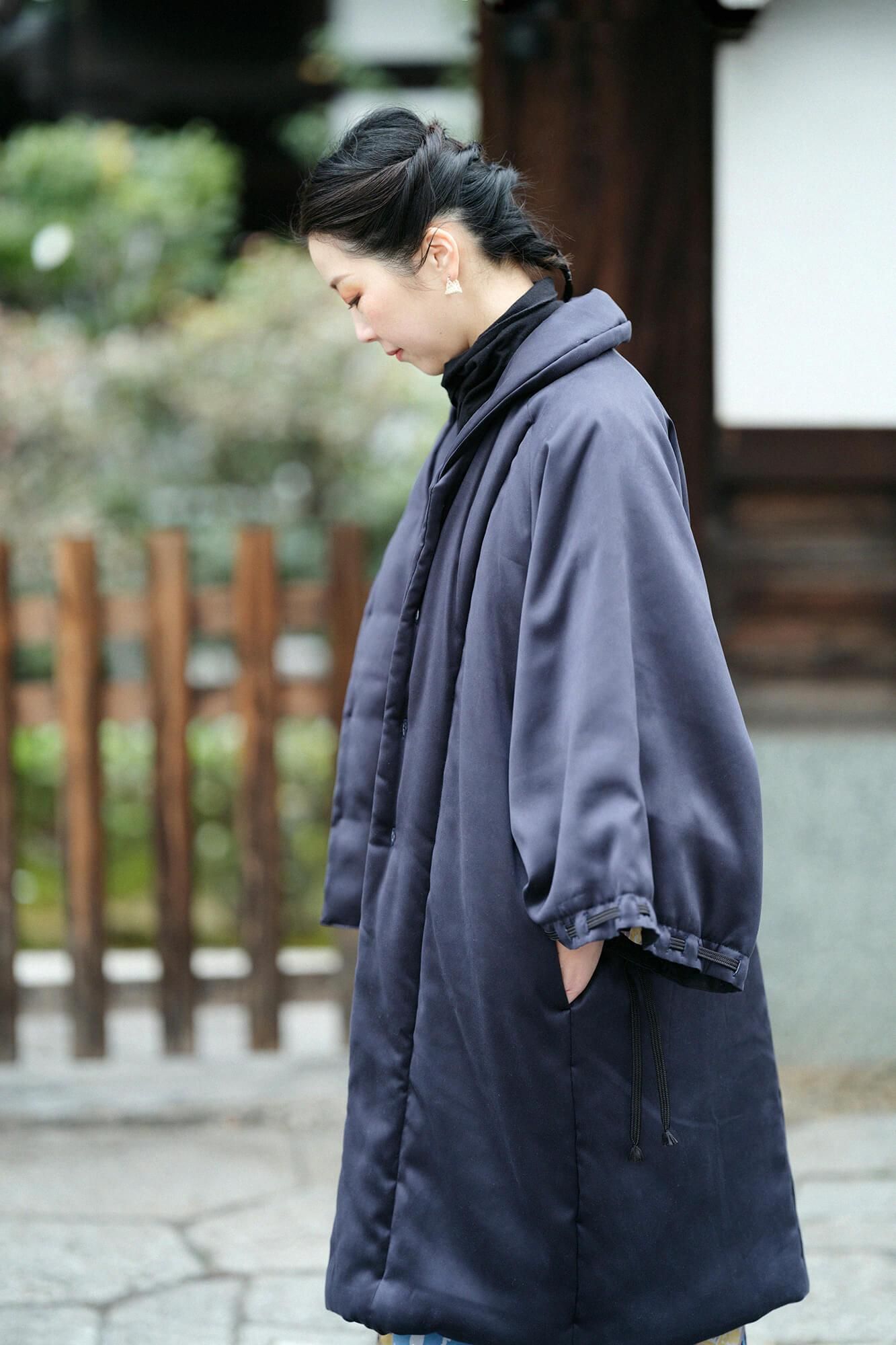 假nubuck，长chinbaori，Miyako袖子，衬里衬里，黑色和海军蓝色（黑色和海军蓝色）