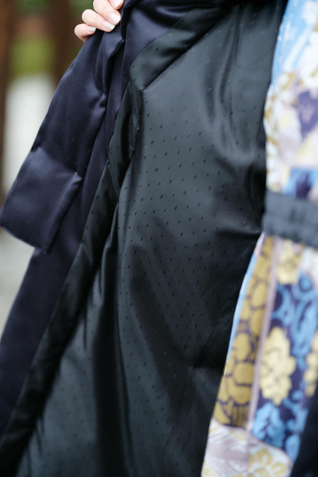 假nubuck，长chinbaori，Miyako袖子，衬里衬里，黑色和海军蓝色（黑色和海军蓝色）