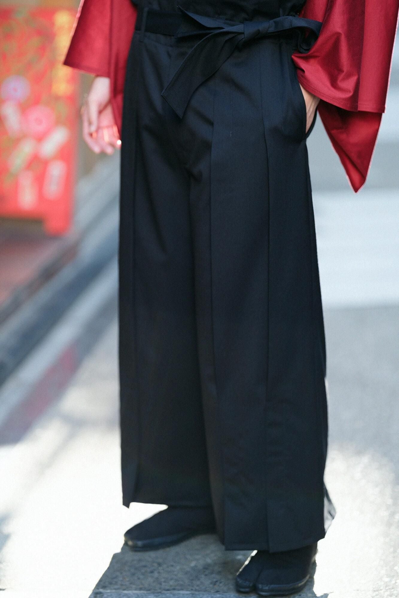 42-count Twin Yarn Combed Yarn Hakama Pants with Lining / Black