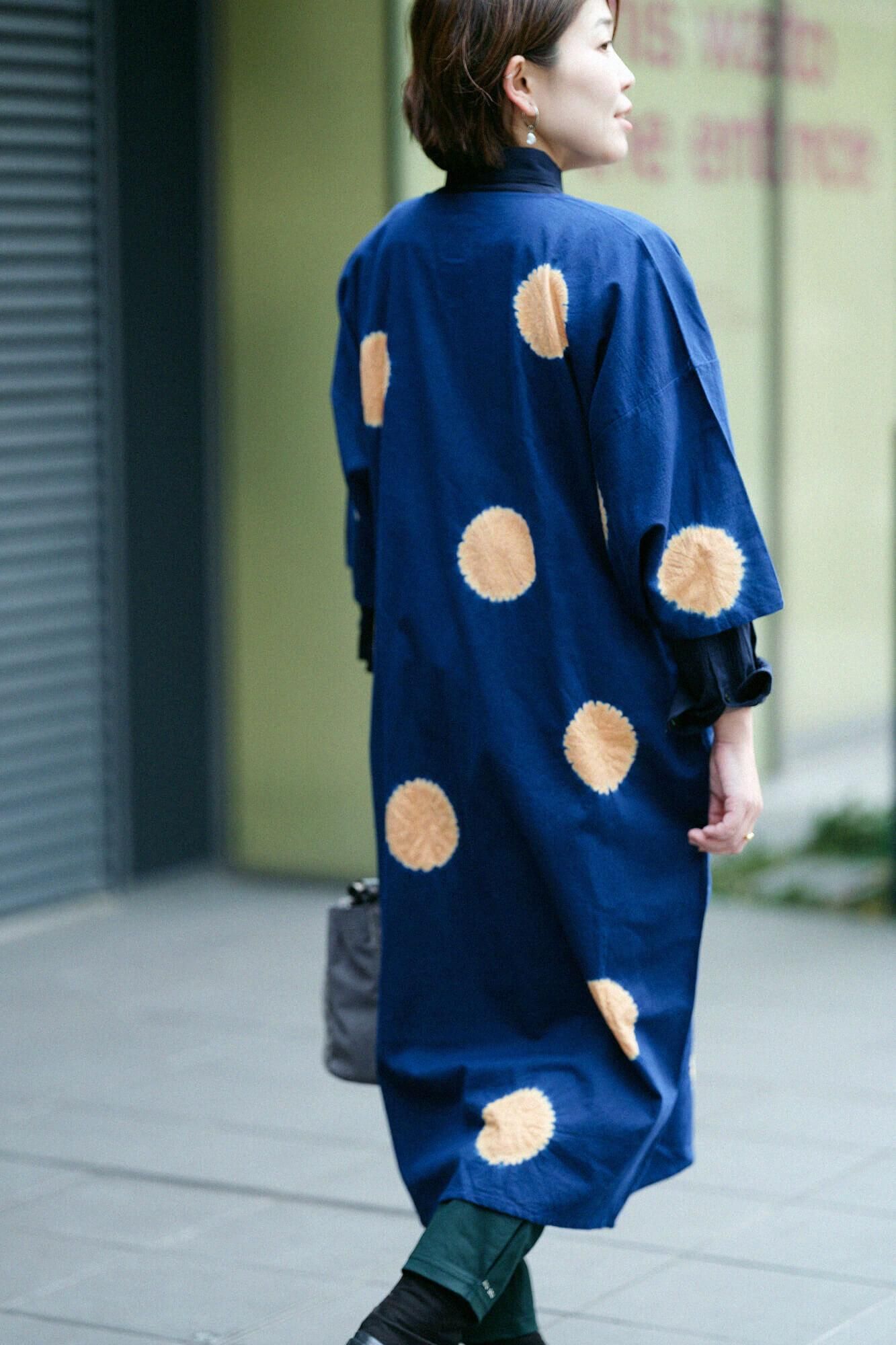 chikaki shibori，蓬松的斜纹编织，naginata矩形衣服， /大圆点，naginata，蓝色蓝色X黄色tan