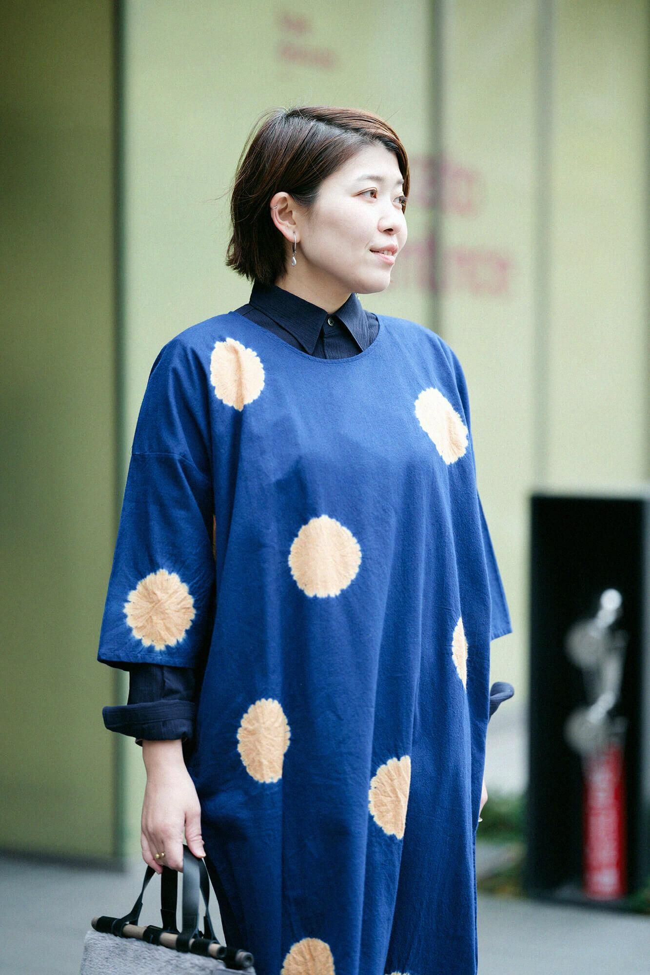 chikaki shibori，蓬松的斜纹编织，naginata矩形衣服， /大圆点，naginata，蓝色蓝色X黄色tan