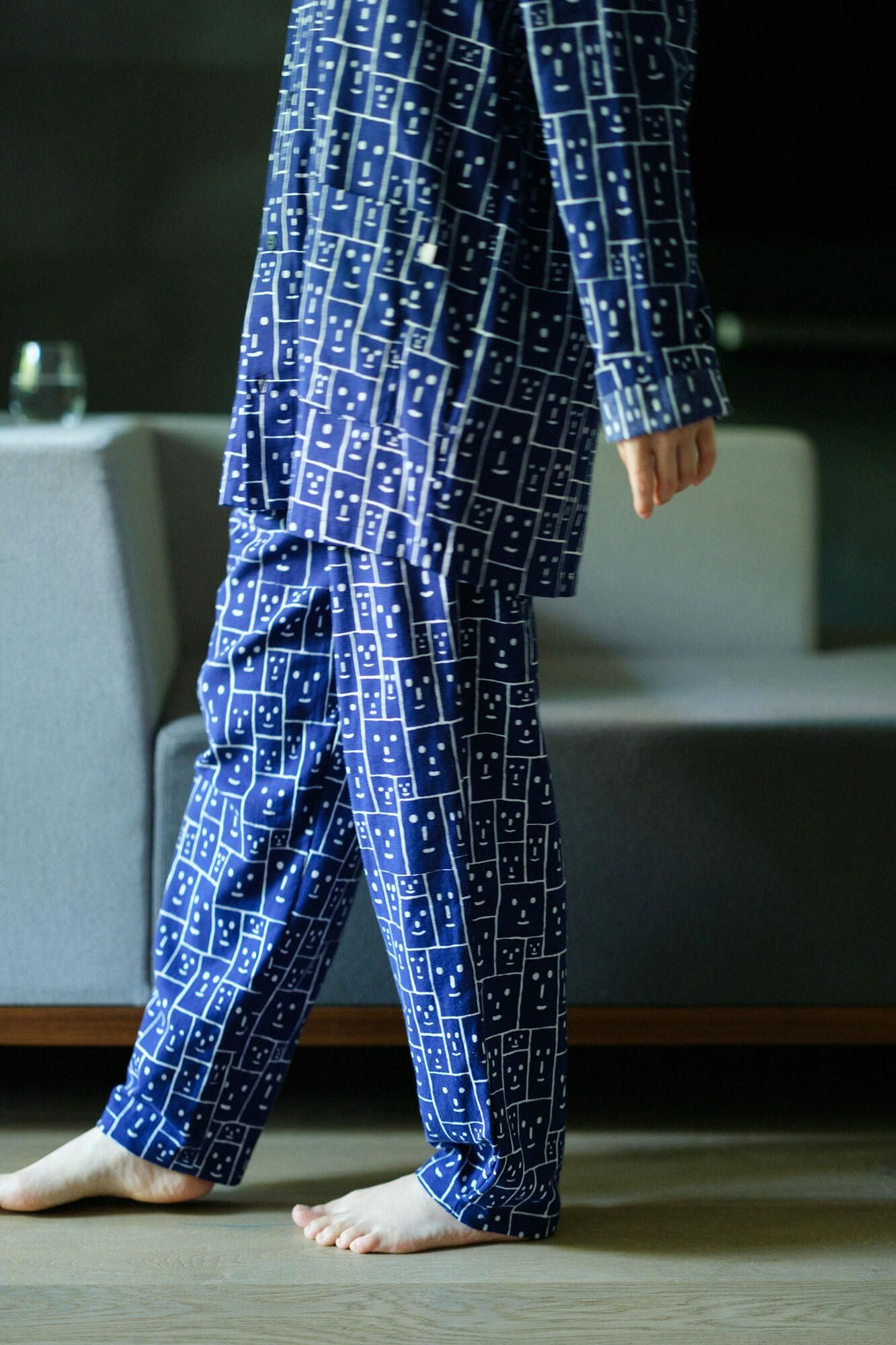 【官網限定】高島平織 V領 圖案紋樣居家服／笑顏 寶藍色