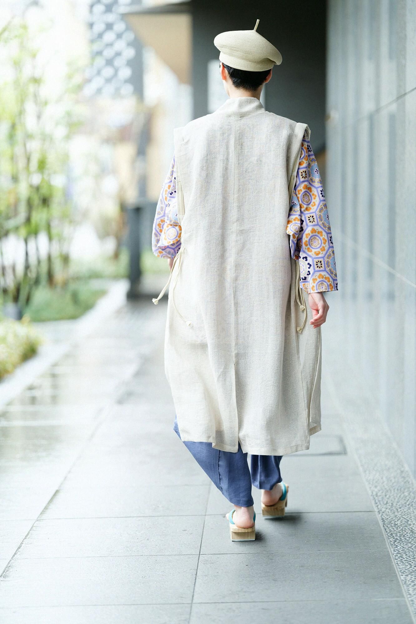 Linen Linen-washi Blended Jinbaori Shoulder Tuck Long / Raw White