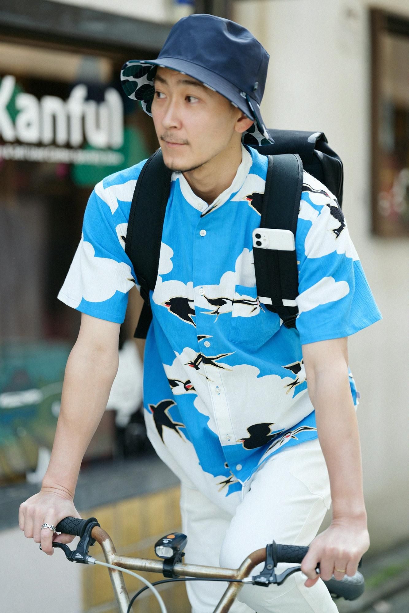 Chizimi Cotton 20/20 Stand Collar Short Sleeve Shirt / Swallows Arrive