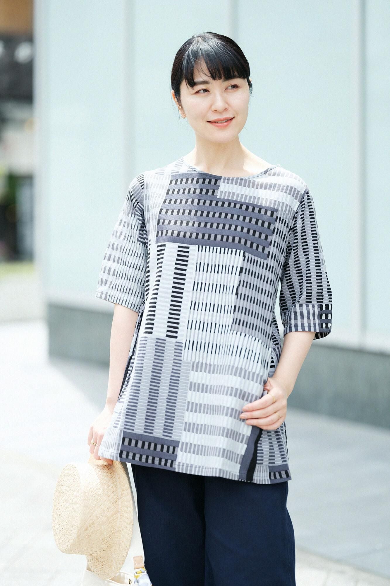 高島縮棉 20/20六分袖長版上衣/摩天大樓