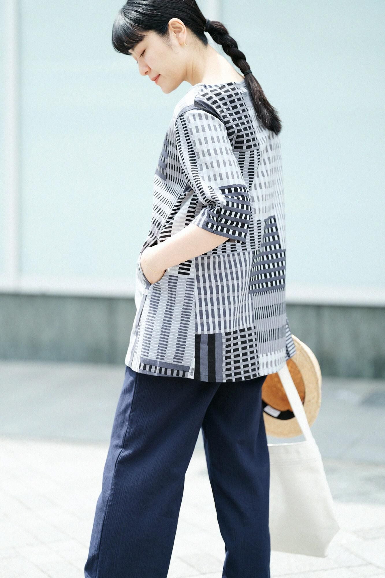 高島縮棉 20/20六分袖長版上衣/摩天大樓