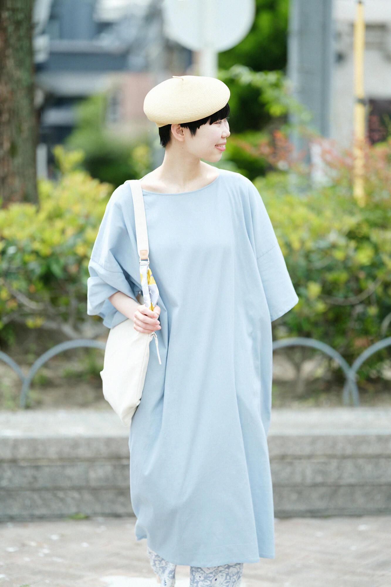 타카시마치지미 40/40 히라소데 보트넥 원피스/ Light Celadon (Ususeiji)