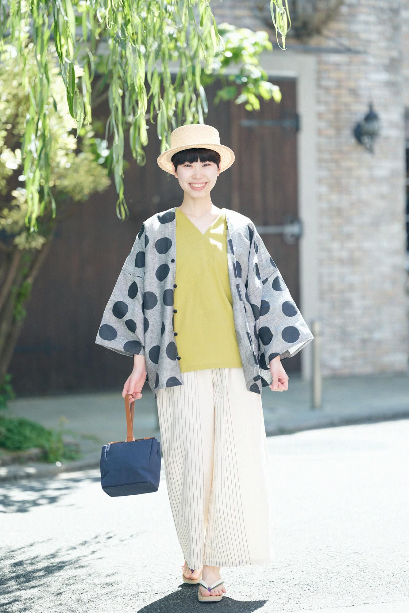 高島縮棉 40/40 V領上衣 六分袖／柳葉色