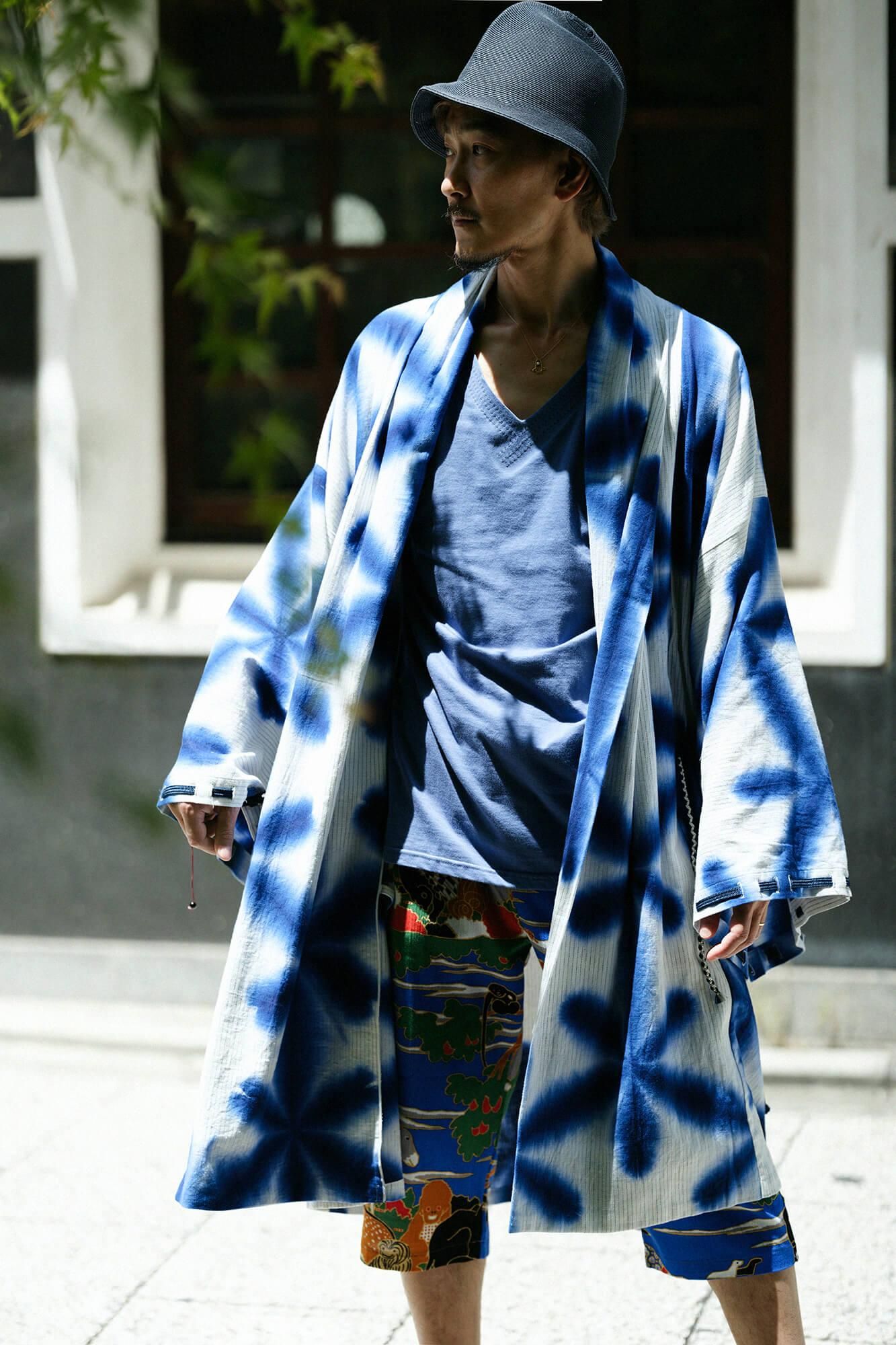 たばた絞り 綿麻 宮中袖（きゅうちゅうそで） 間（けん）単（ひとえ）／雪花（せっか） 濃紺（のうこん）