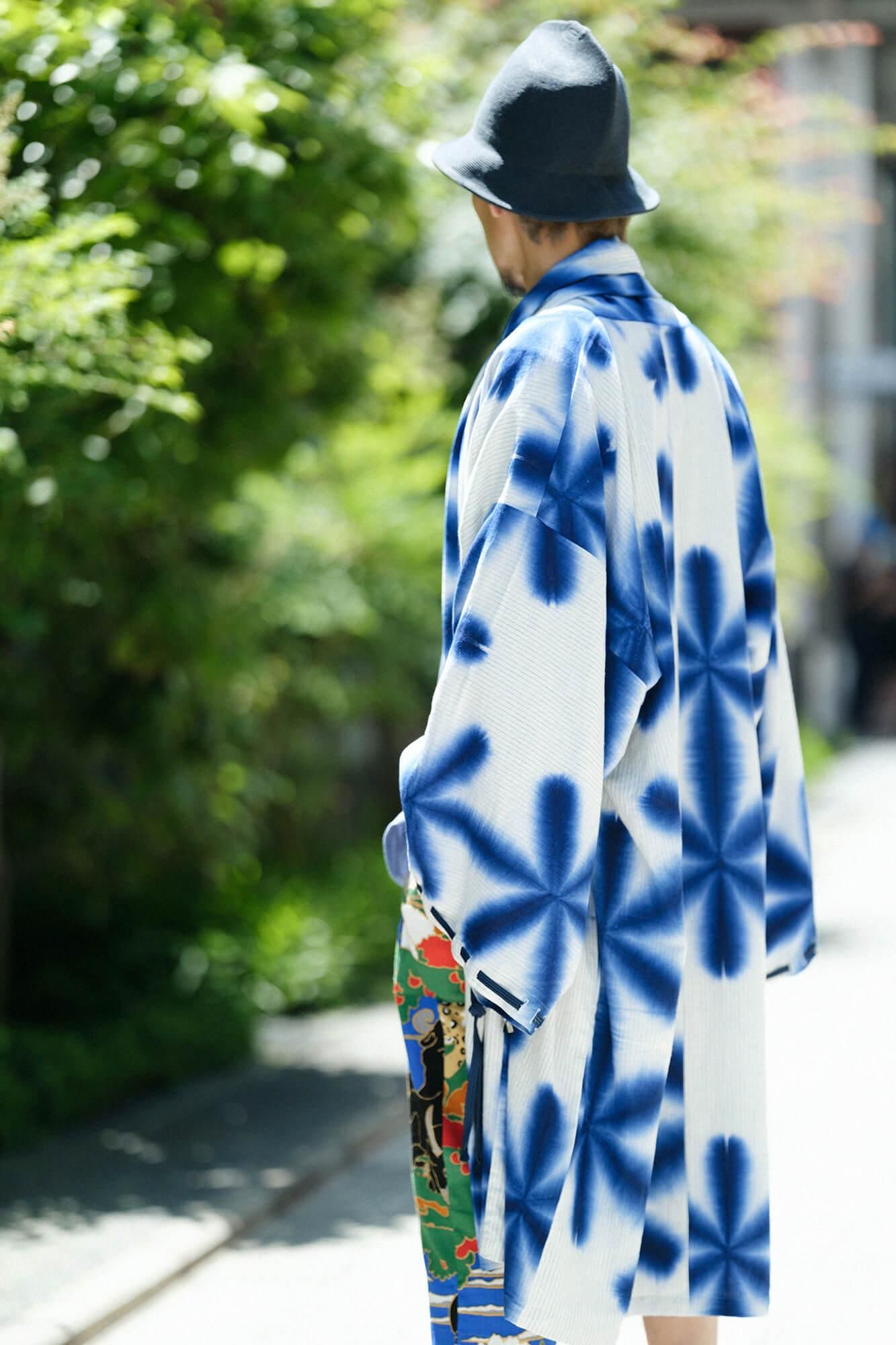 たばた絞り 綿麻 宮中袖（きゅうちゅうそで） 間（けん）単（ひとえ）／雪花（せっか） 濃紺（のうこん）