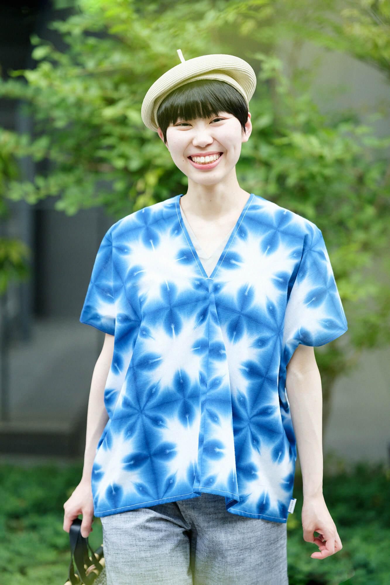 伊勢木棉 有松鳴海紮染 文 方形上衣 拼接／張正 雪花 2