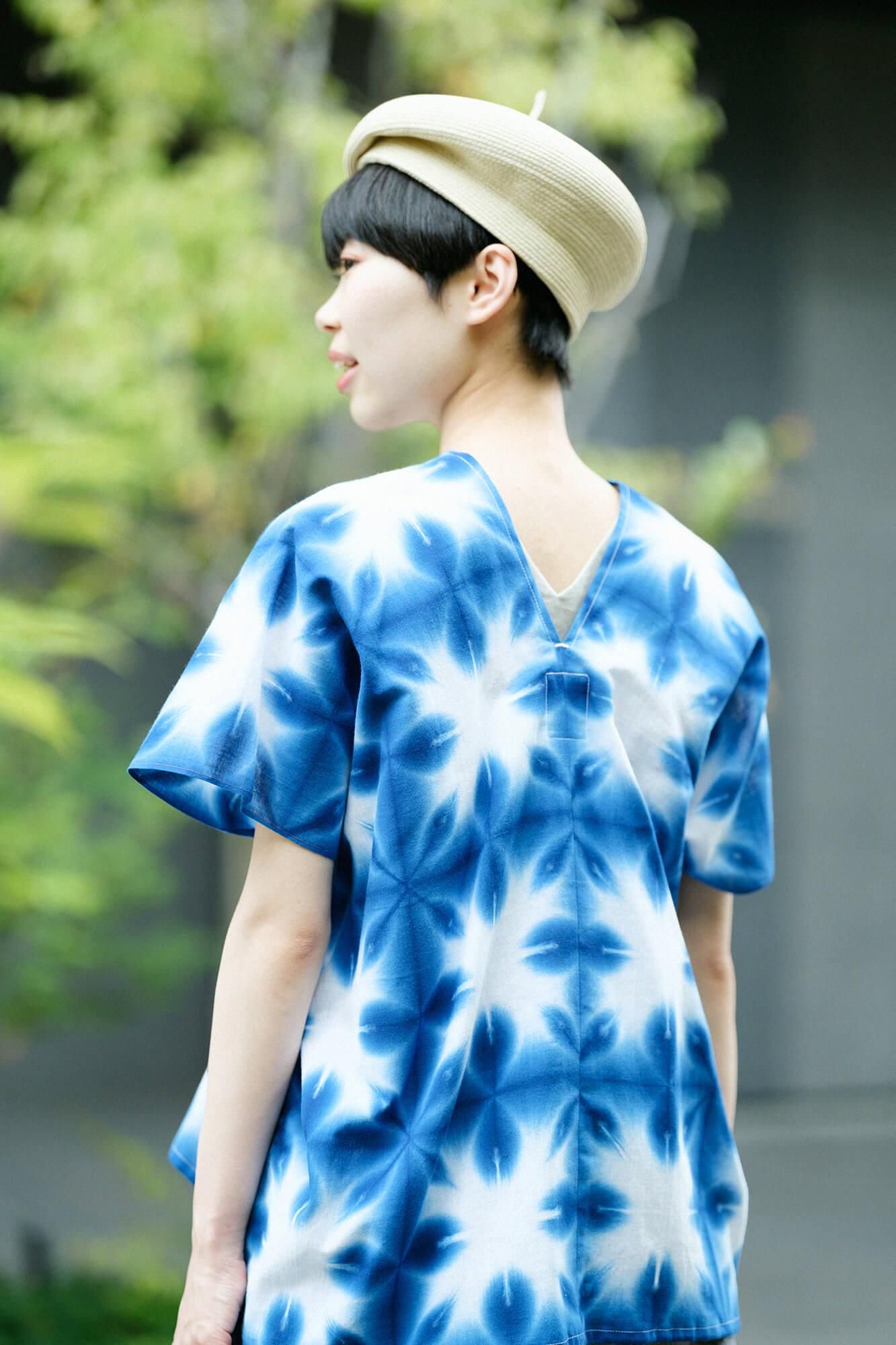 伊勢木棉 有松鳴海紮染 文 方形上衣 拼接／張正 雪花 2