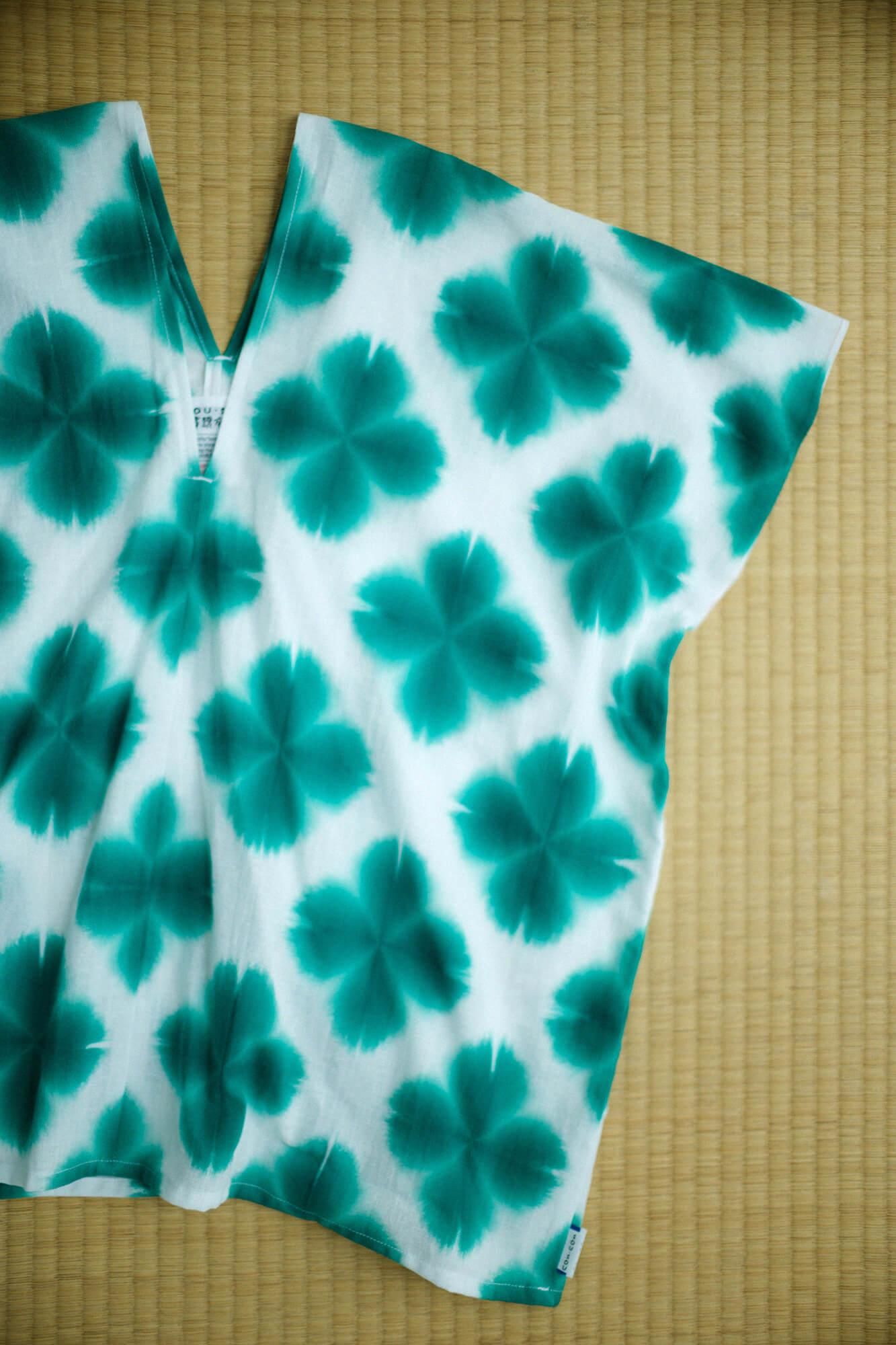 伊勢木棉有松鳴海紮染文方形上衣拼接張正雪花Ri / 綠色 3