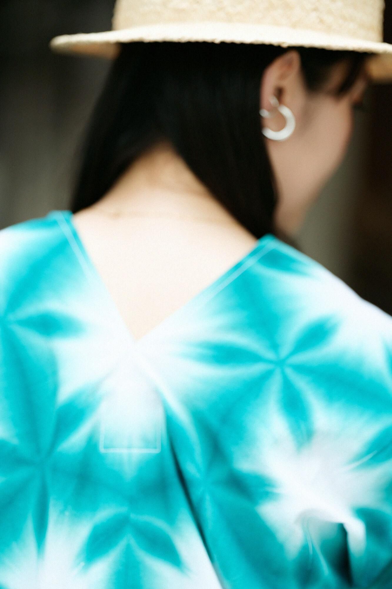 伊勢木棉有松鳴海紮染文方形上衣拼接張正雪花Ri / 綠色 4