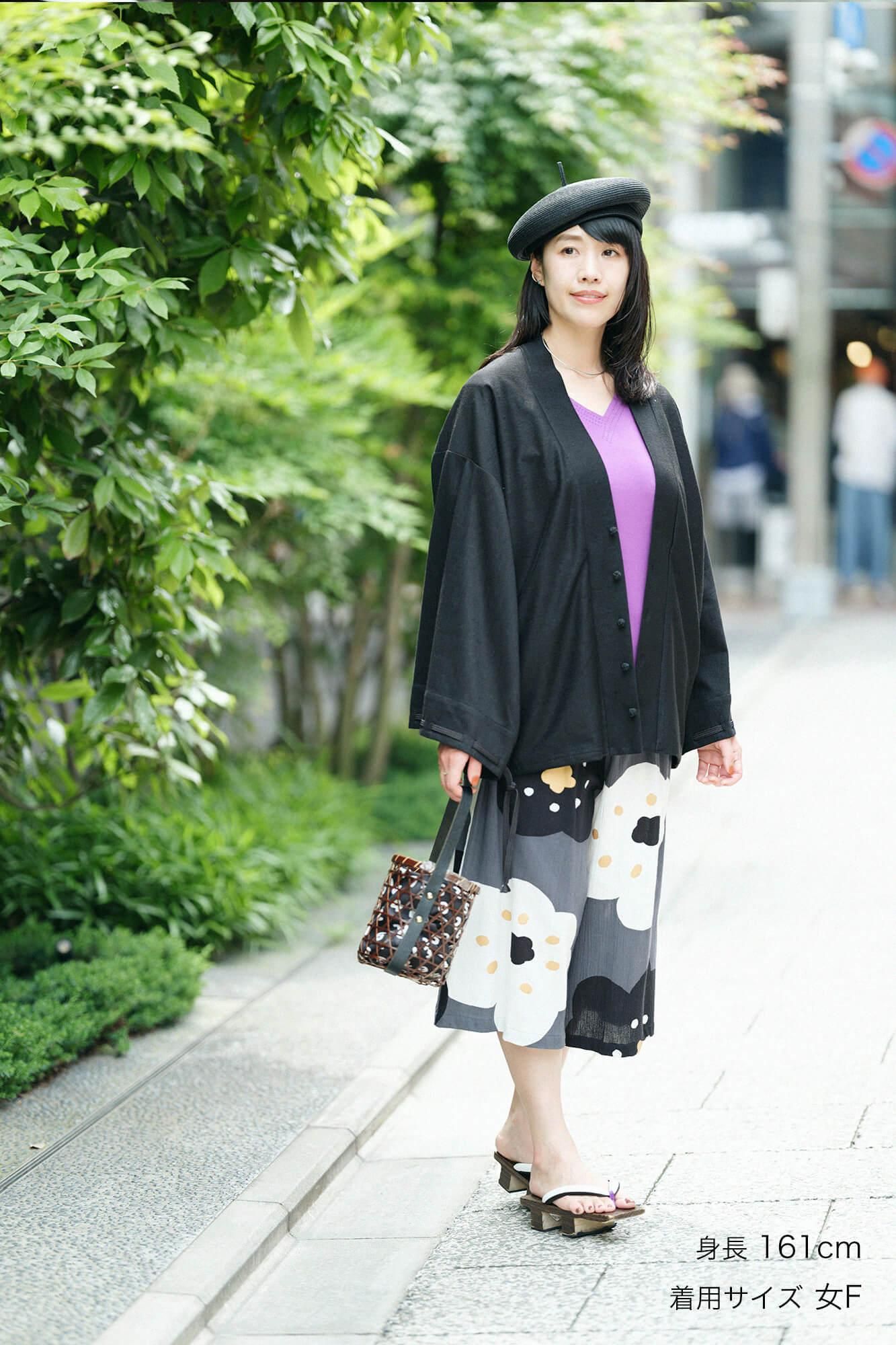 net限定】高島縮 20/20 広形（ひろなり）もんぺ はぎ丈／ほほえみ 濃灰（