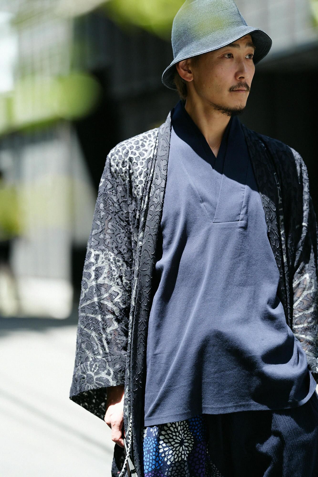 Chizimi Cotton 40/40 Sleeveless Fubi Double Collar Shirt / Dark Blue