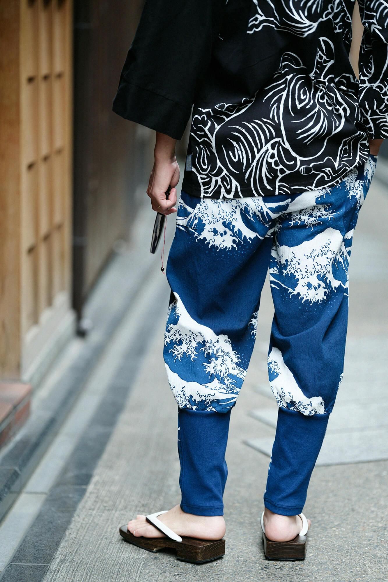 高島縮棉 20/20 藍捺染 哈倫褲／北齋 神奈川沖浪裏 再現