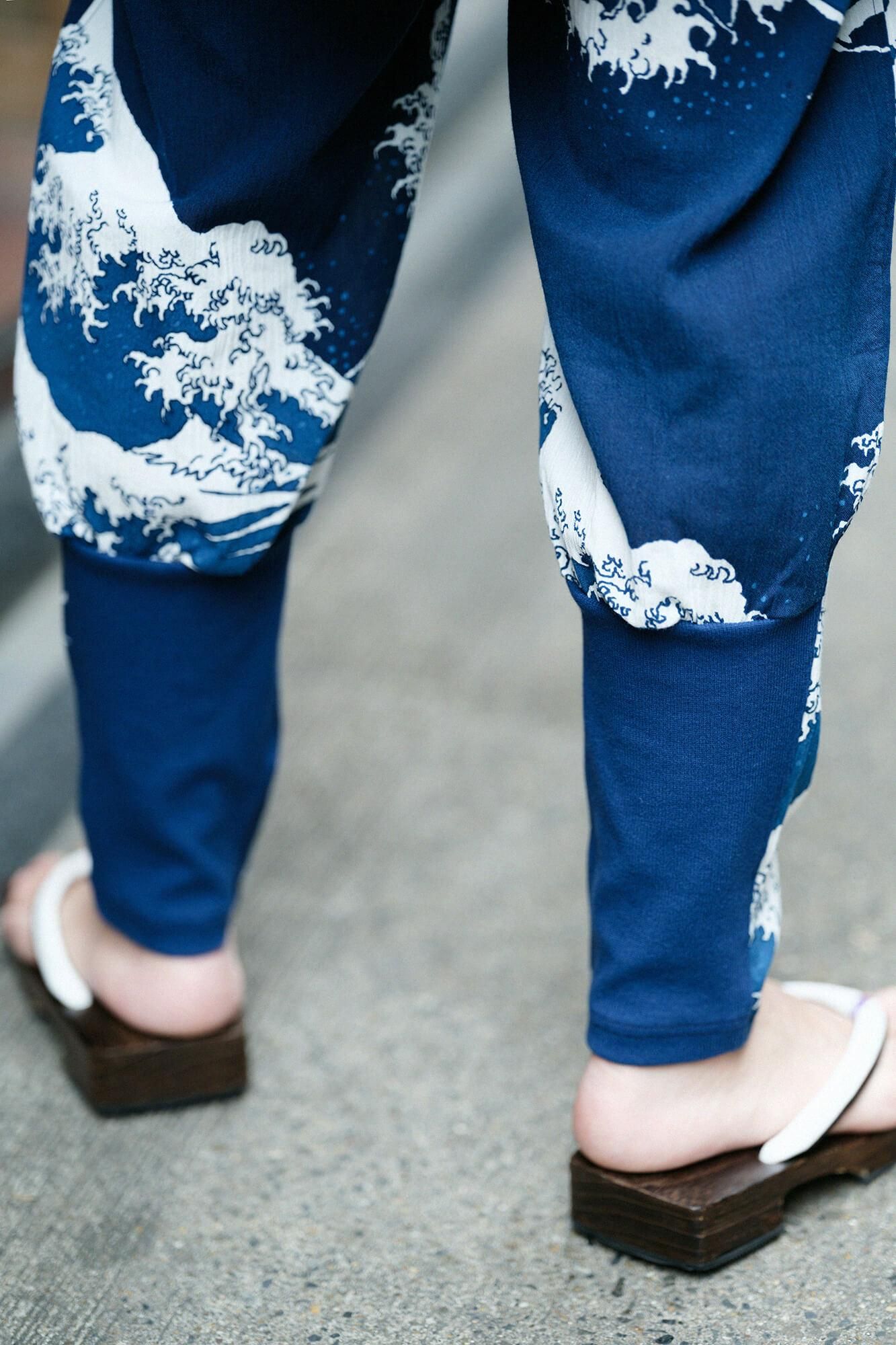 高島縮棉 20/20 藍捺染 哈倫褲／北齋 神奈川沖浪裏 再現